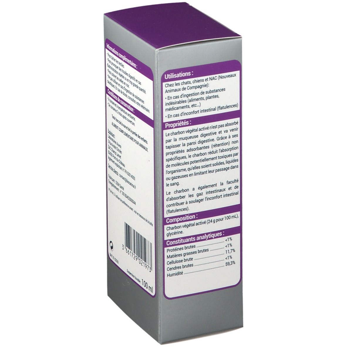 Vue latérale de la boîte de produit. Informations d'utilisation et composition. Indication de volume : 100 ml.