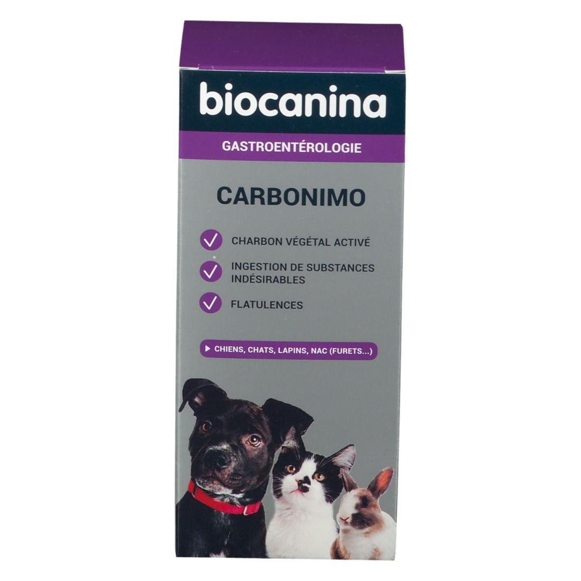 Boîte de produit avec logo et nom. Illustration d'un chien, chat et lapin. Texte : 'Charbon végétal active', 'Ingestion de substances'.