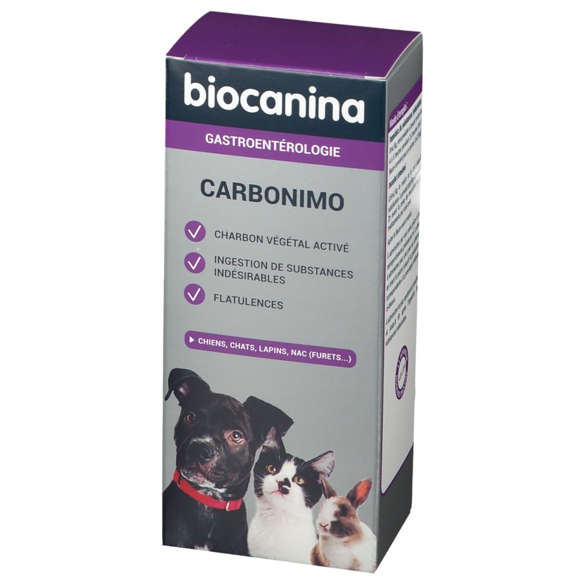 Boîte de produit avec logo et nom. Illustration d'un chien, chat et lapin. Texte : 'Charbon végétal active', 'Ingestion de substances'.