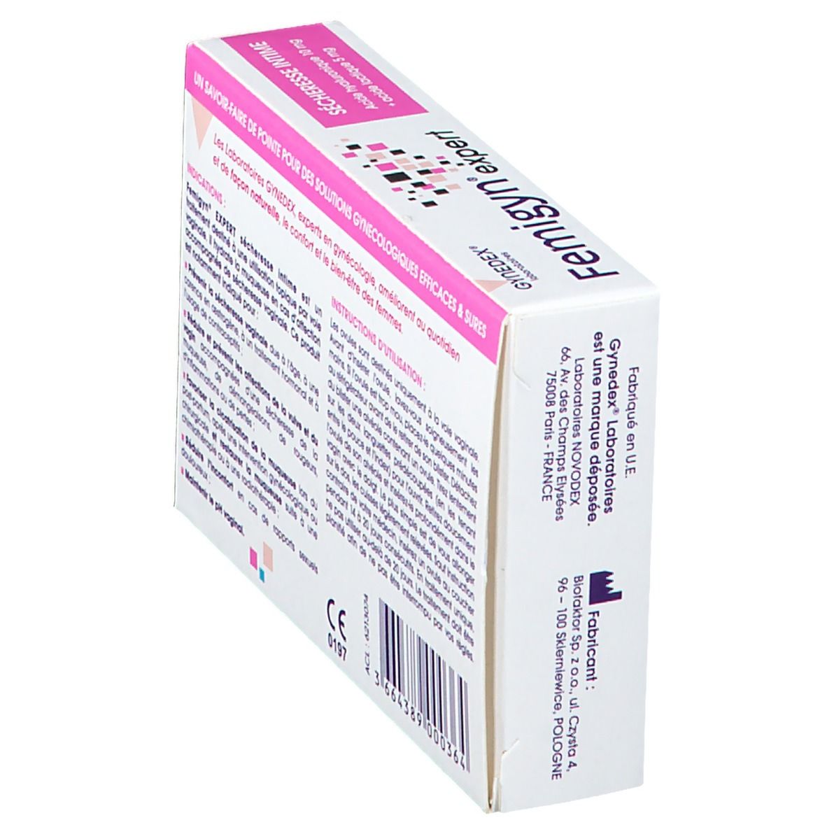 Boîte Femigyn expert. Texte : Informations fabricant, fabriqué en UE. Marquage CE. Code-barres.