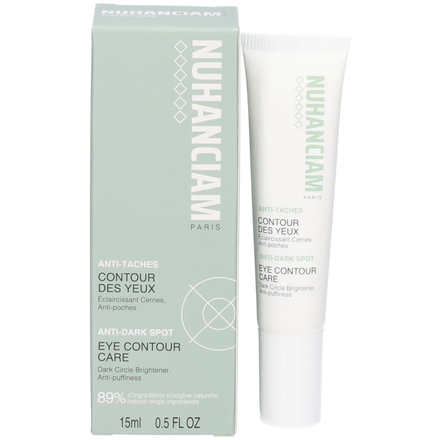 Tube Nuhanciam Contour des Yeux et sa boîte. Les deux indiquent 'Anti-Taches Contour des Yeux'.