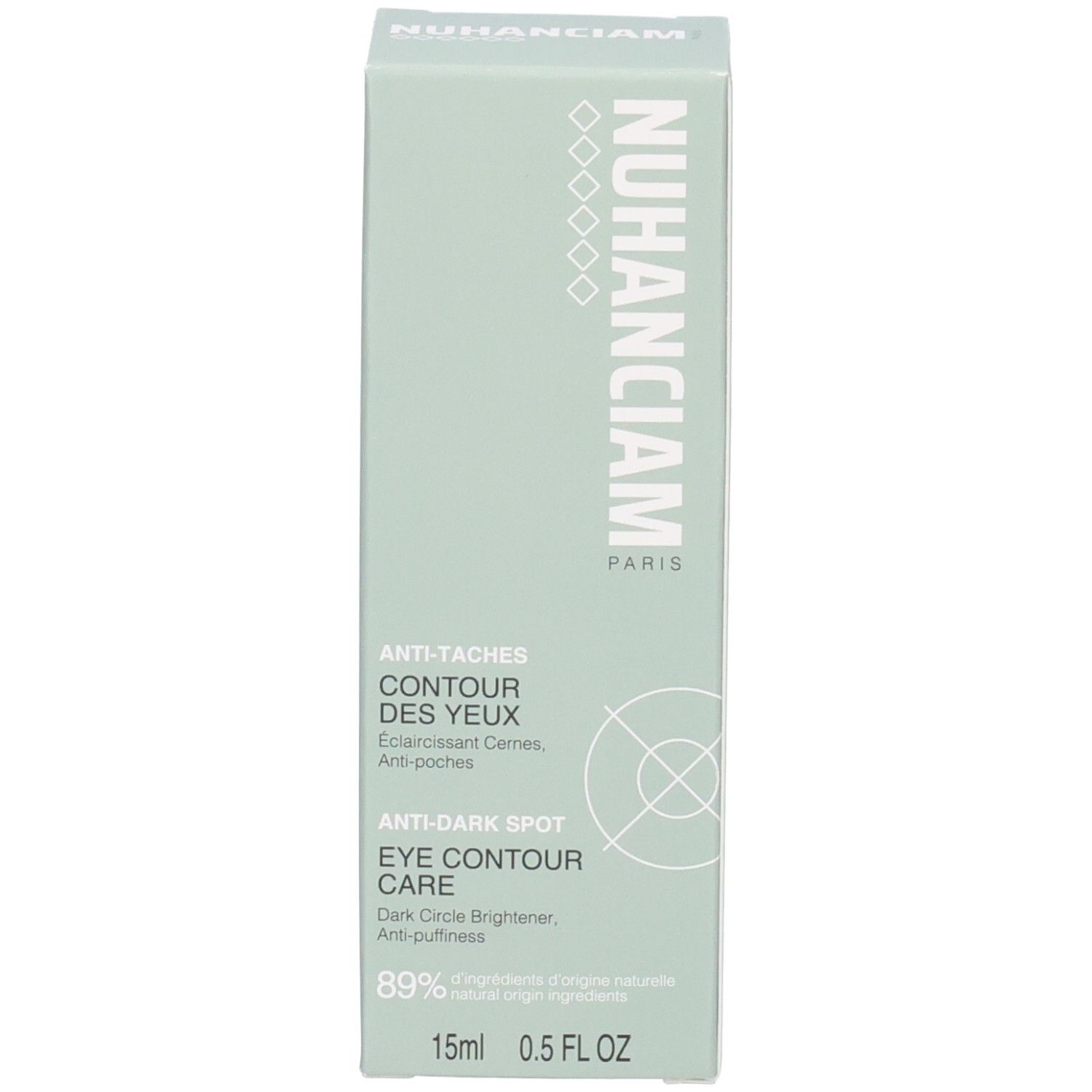 Boîte de Nuhanciam Contour des Yeux. Indique 'Anti-Taches Contour des Yeux' et 'Anti-Dark Spot Eye Contour Care'.