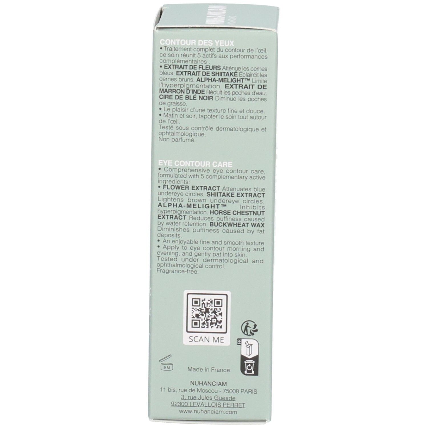 Côté de la boîte Nuhanciam Contour des Yeux avec ingrédients détaillés et instructions d'utilisation.