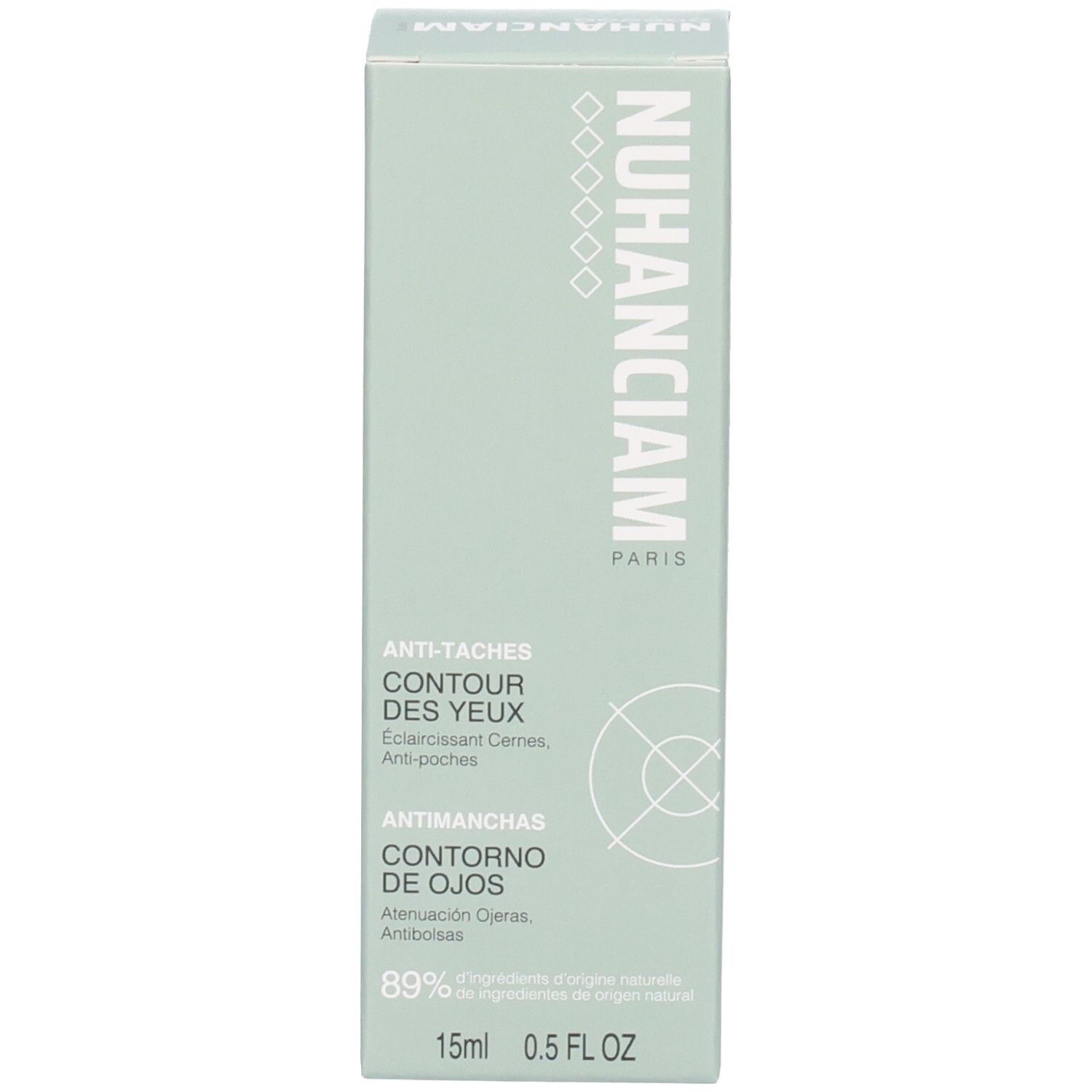 Côté de la boîte Nuhanciam Contour des Yeux avec ingrédients, application et code QR.