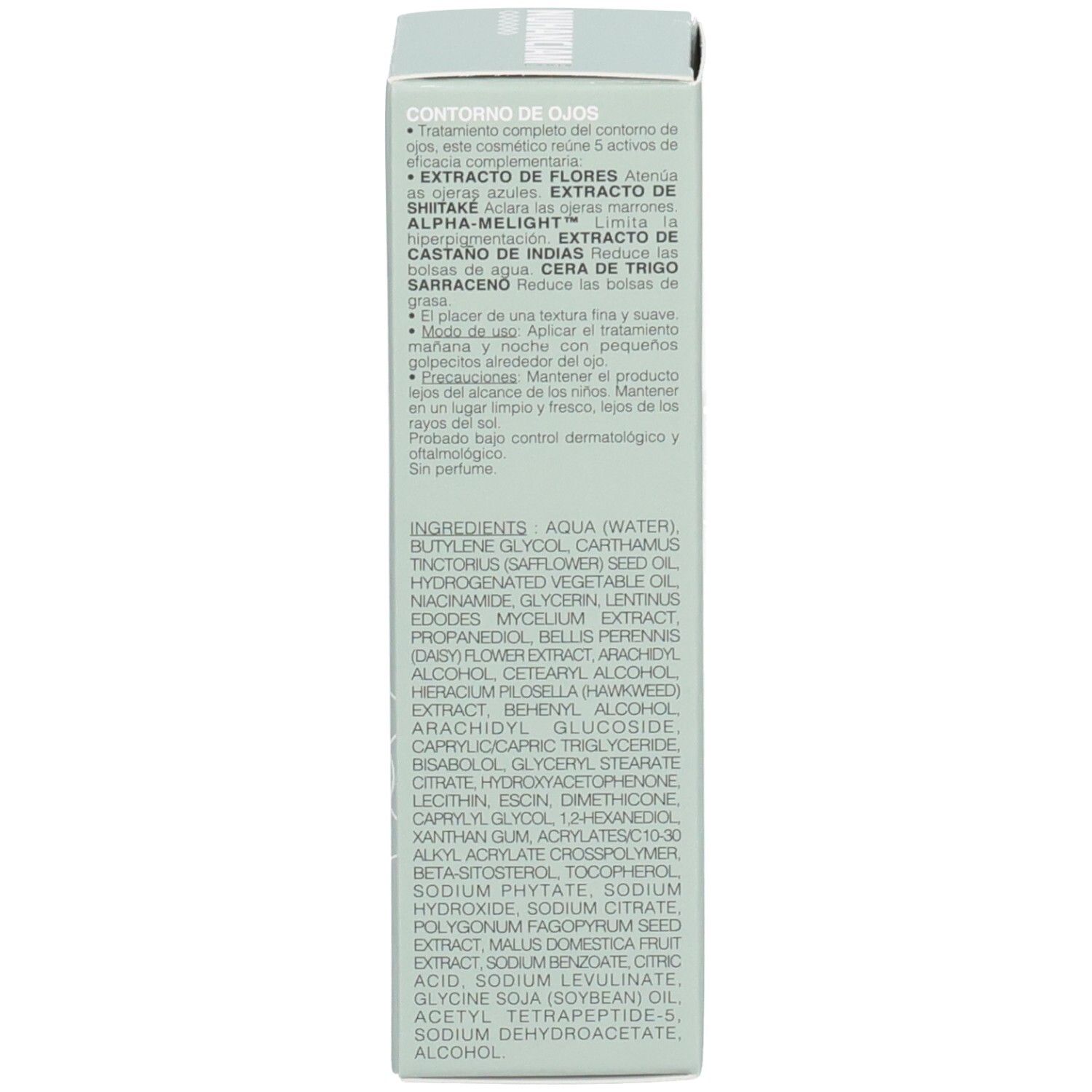Côté de la boîte Nuhanciam Contour des Yeux avec informations produit en espagnol et italien.