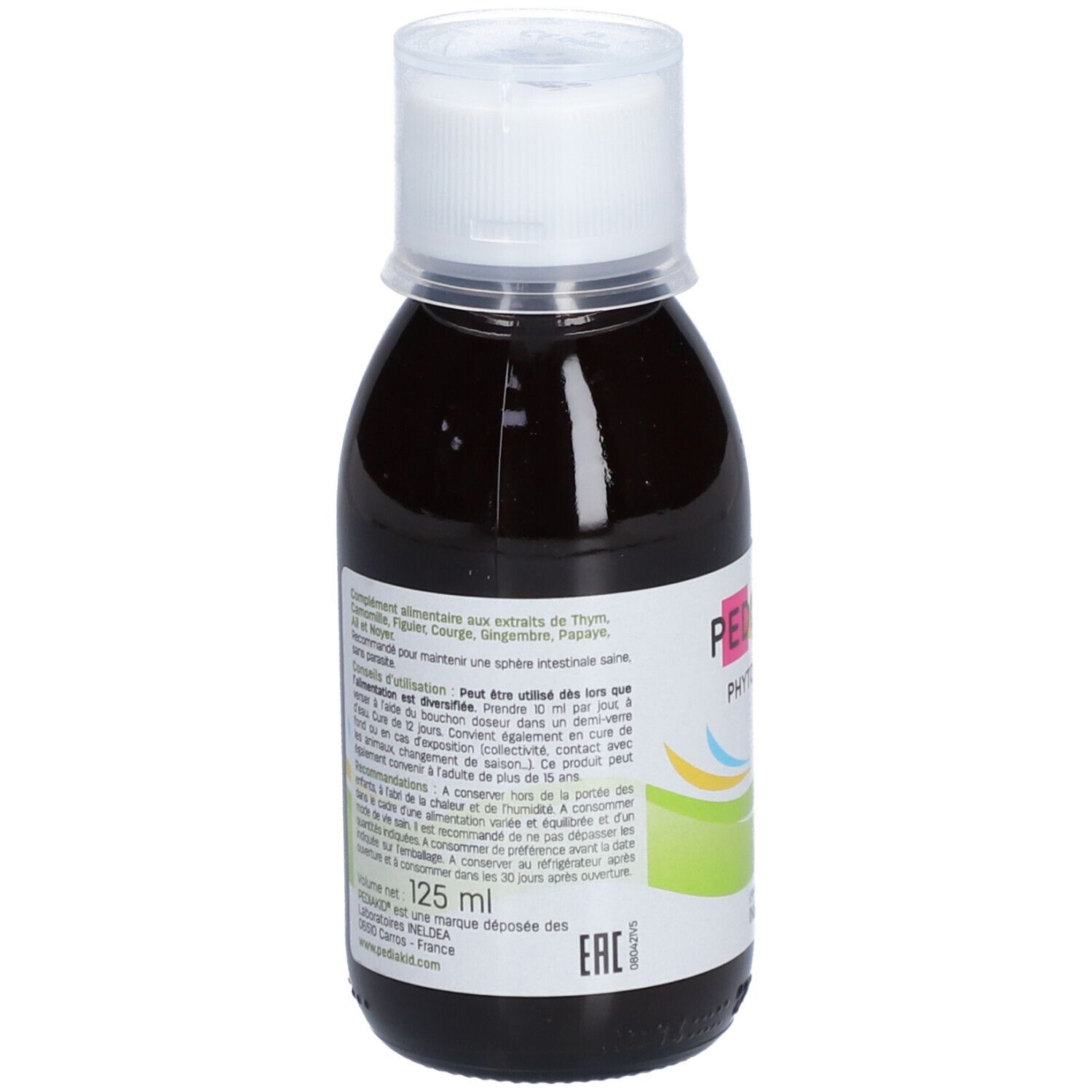 Flacon de liquide brun avec bouchon blanc. Inscription : PEDIAKID Phytovermil. Dos avec texte.