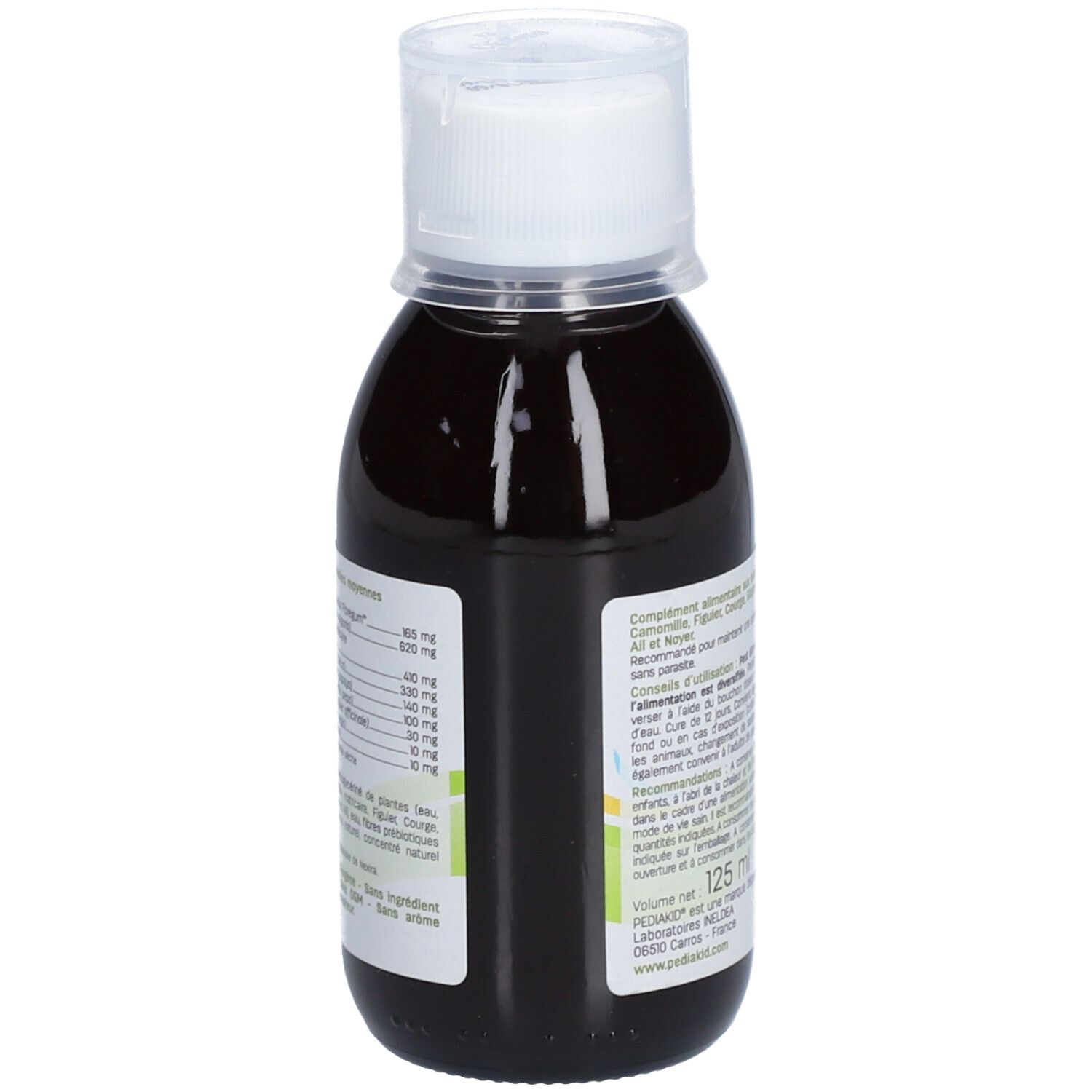 Flacon de liquide brun avec bouchon blanc. Inscription : PEDIAKID Phytovermil. Dos avec texte.