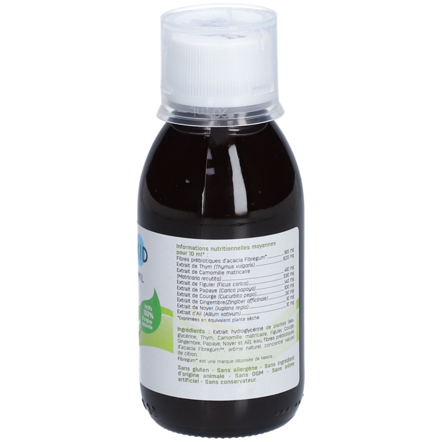 Flacon de liquide brun avec bouchon blanc. Inscription : PEDIAKID Phytovermil. Dos avec texte.