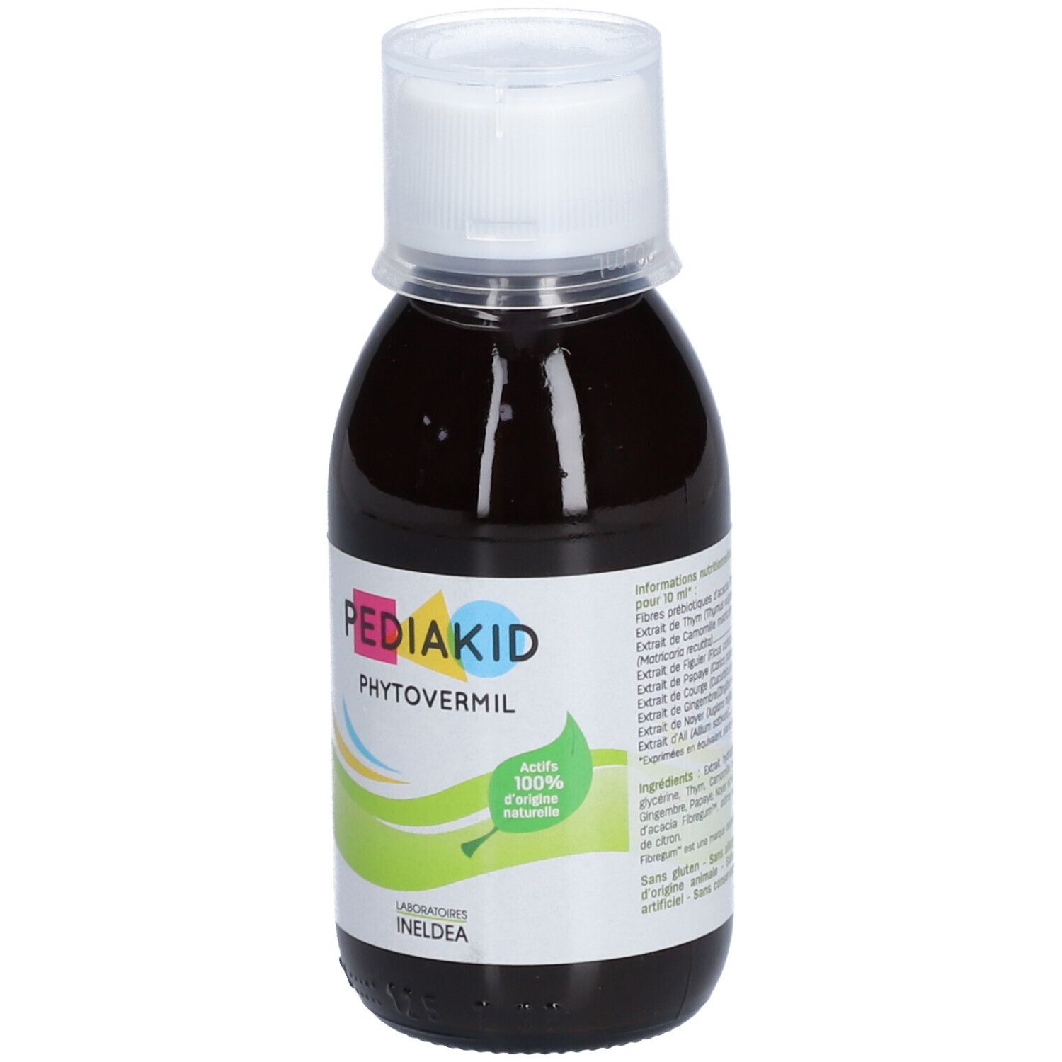 Flacon de liquide brun avec bouchon blanc. Inscription : PEDIAKID Phytovermil. Dos avec texte.