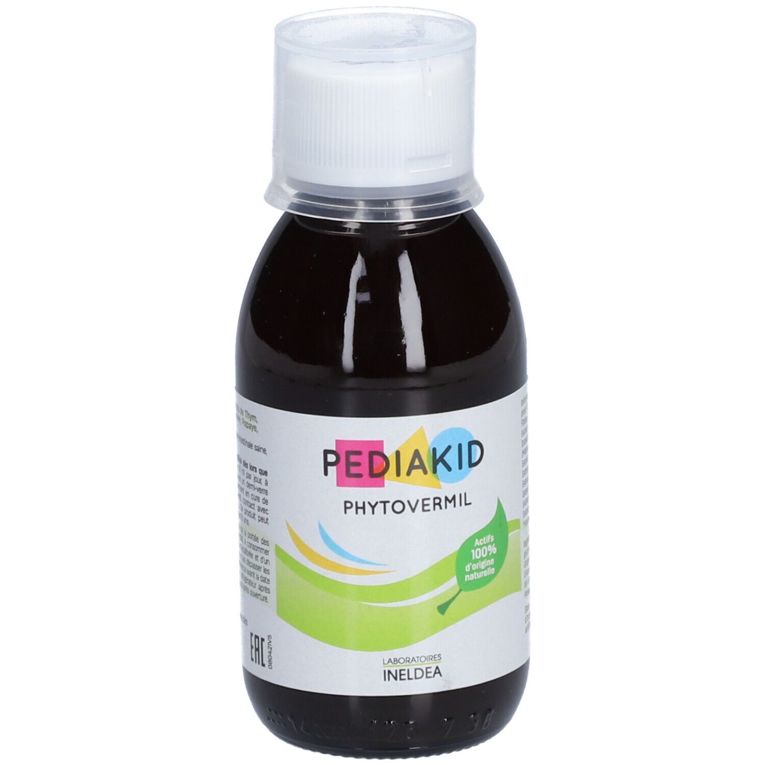 Flacon de liquide brun avec bouchon blanc. Inscription : PEDIAKID Phytovermil. Dos avec texte.