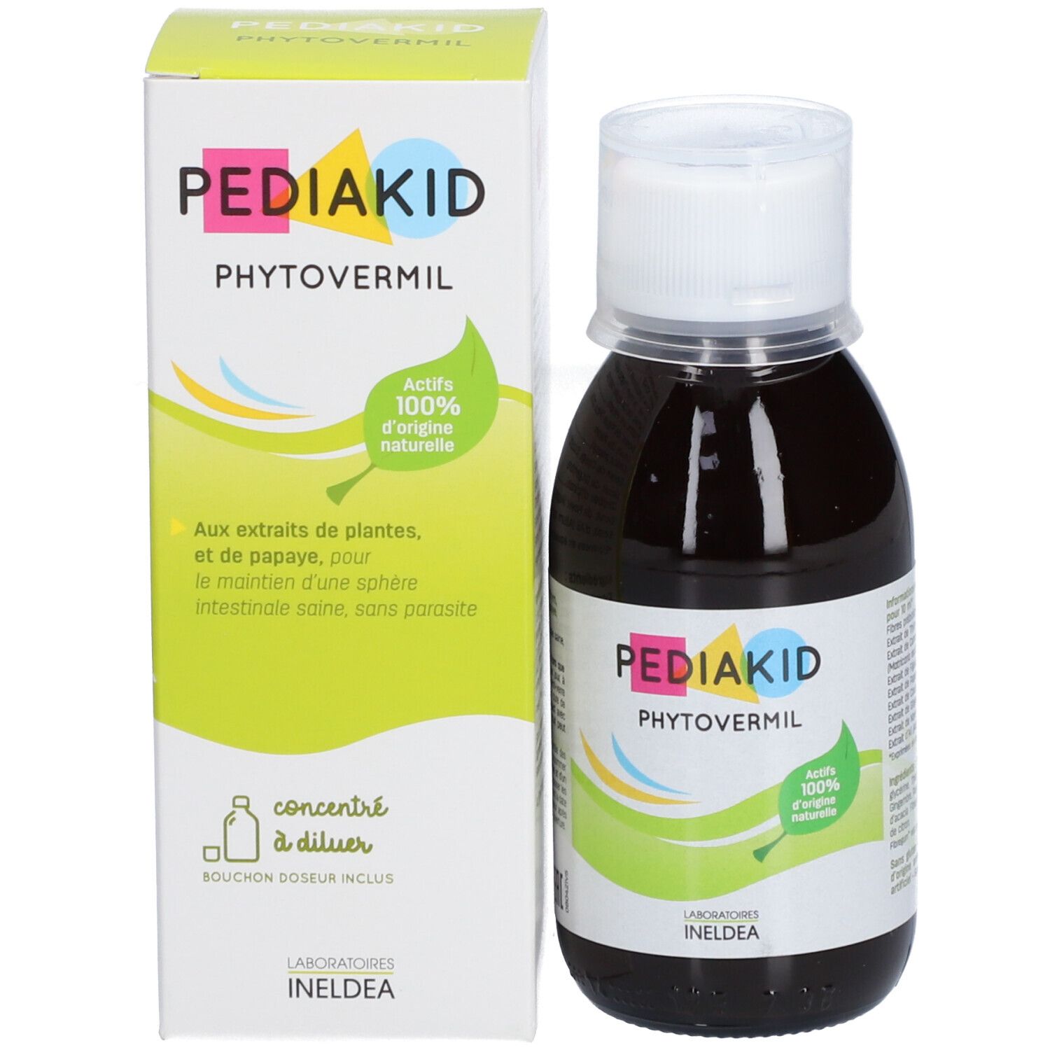 Flacon de liquide brun avec bouchon blanc. Inscription : PEDIAKID Phytovermil. Dos avec texte.