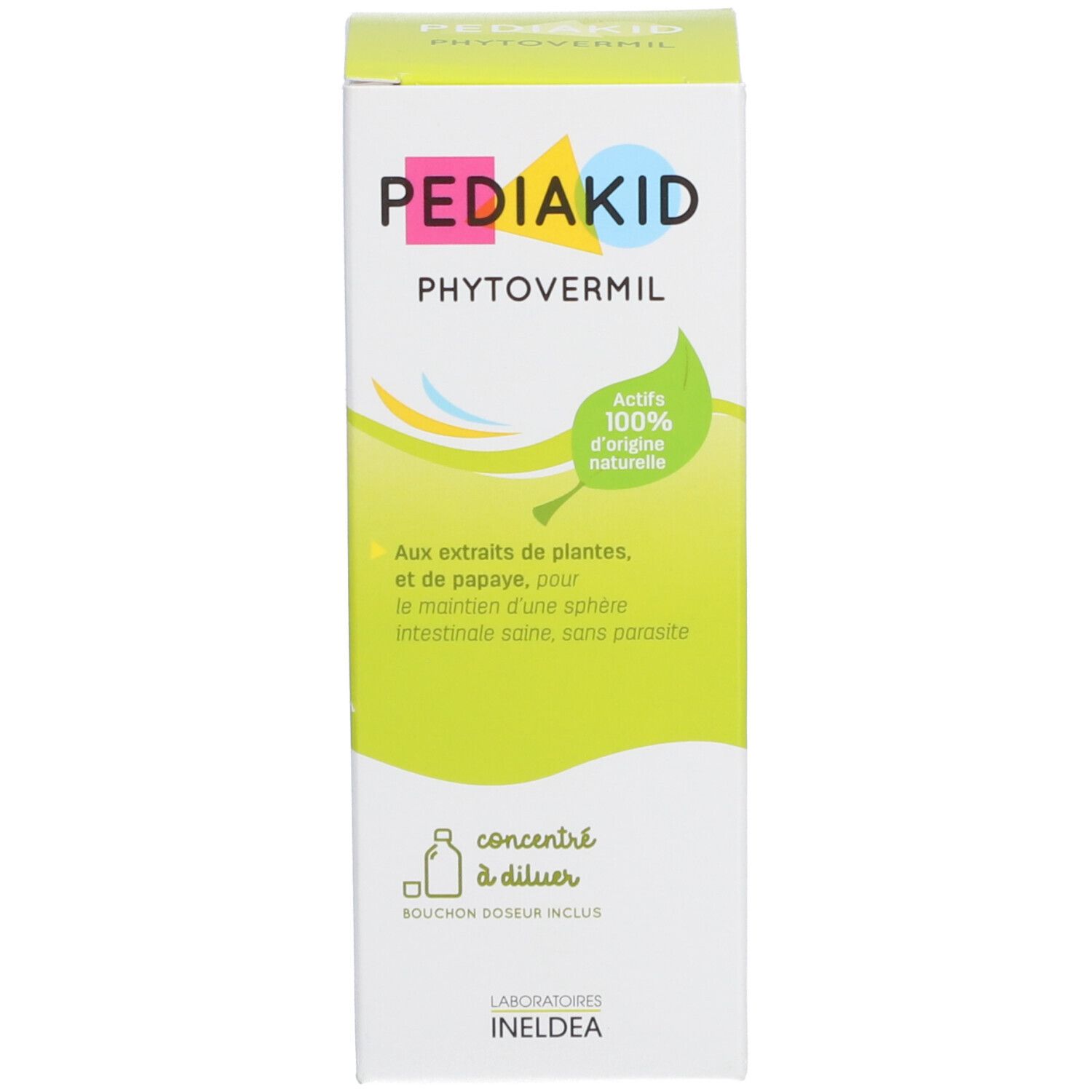 Boîte et flacon de liquide brun. Inscription : PEDIAKID Phytovermil. Design vert et jaune.