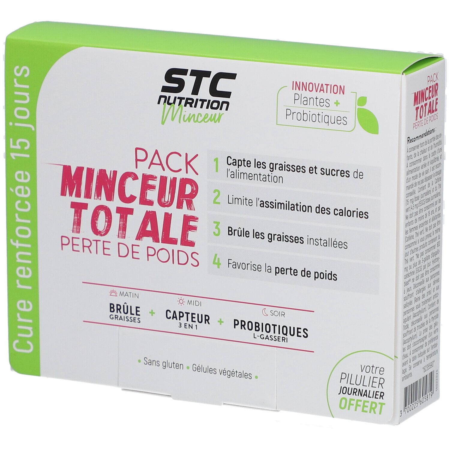 Boîte STC Nutrition Pack Minceur Totale. Nom du produit, fonctions et ingrédients. Cure 15 jours.