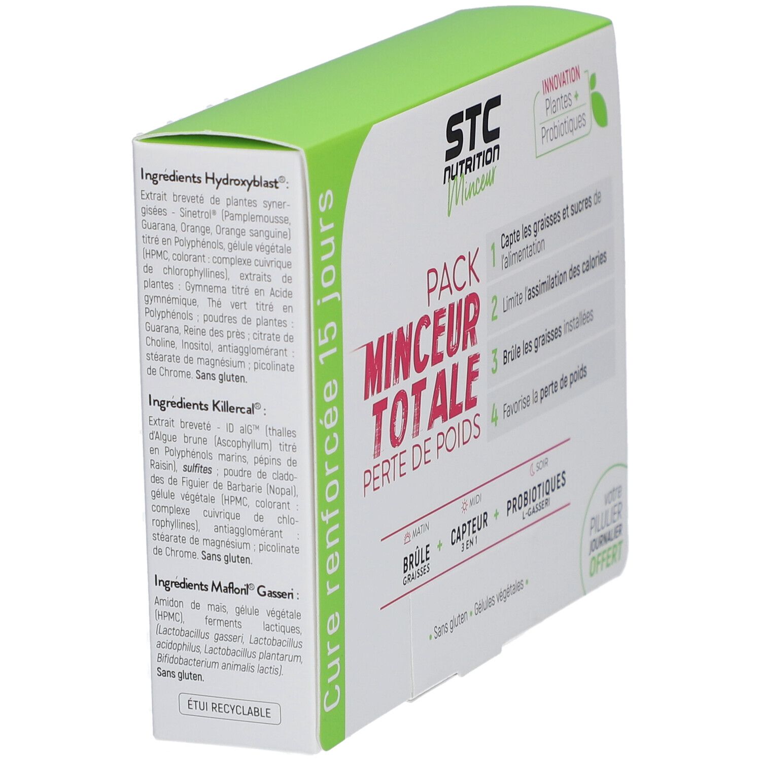 Boîte STC Nutrition Pack Minceur Totale. Nom du produit, fonctions et ingrédients. Cure 15 jours.