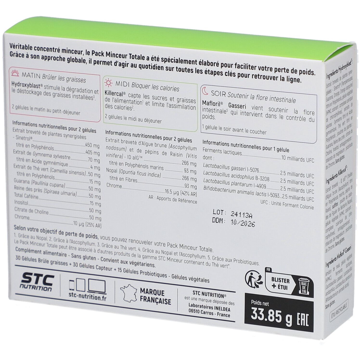 Dos de la boîte STC Nutrition Pack Minceur Totale. Ingrédients, informations nutritionnelles et certifications.