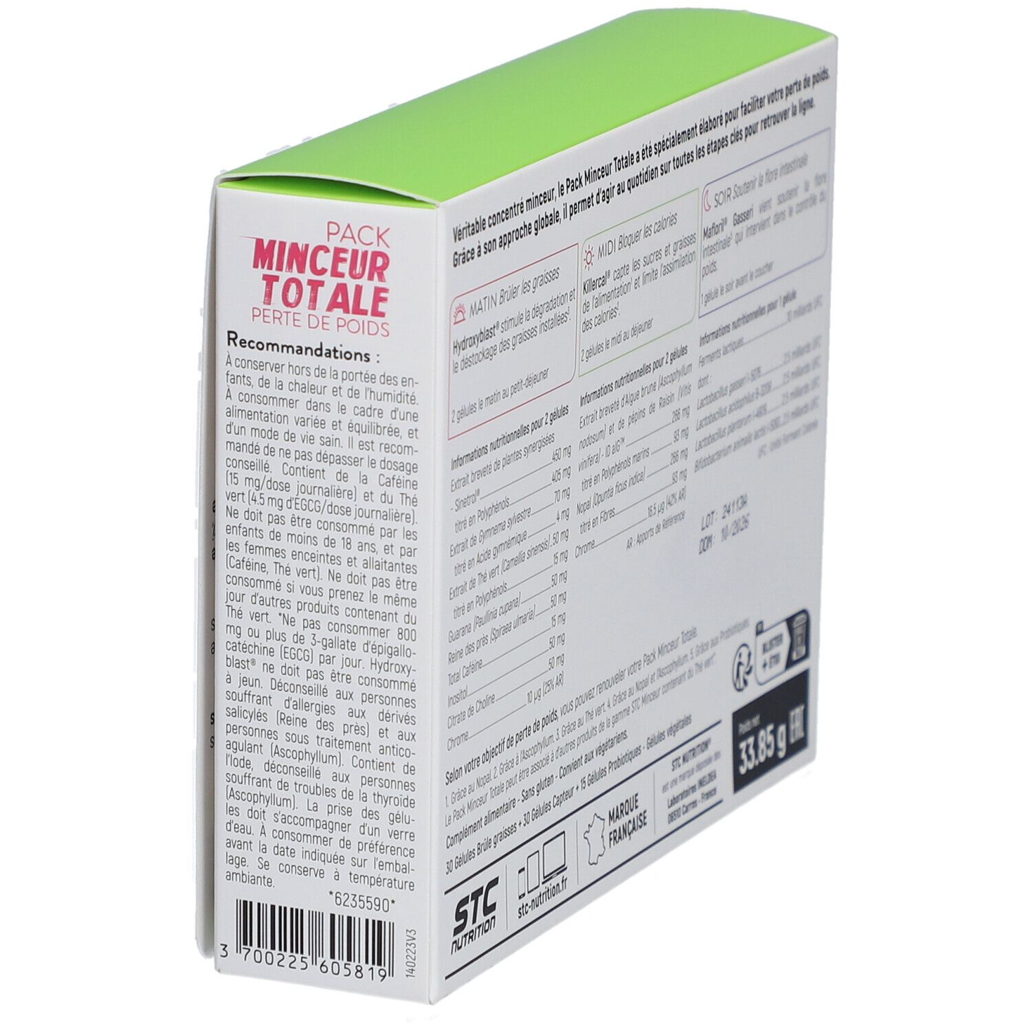 Dos de la boîte STC Nutrition Pack Minceur Totale. Ingrédients, informations nutritionnelles et certifications.