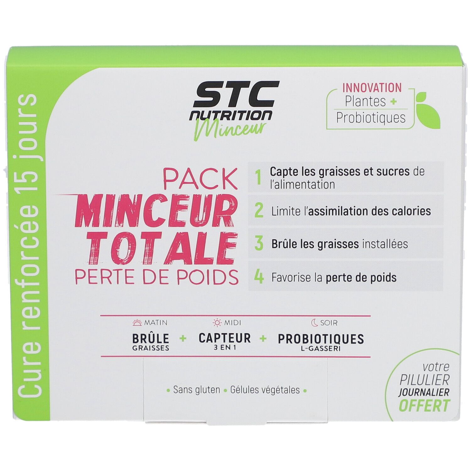 Boîte STC Nutrition Pack Minceur Totale. Nom du produit, fonctions et ingrédients. Cure 15 jours.