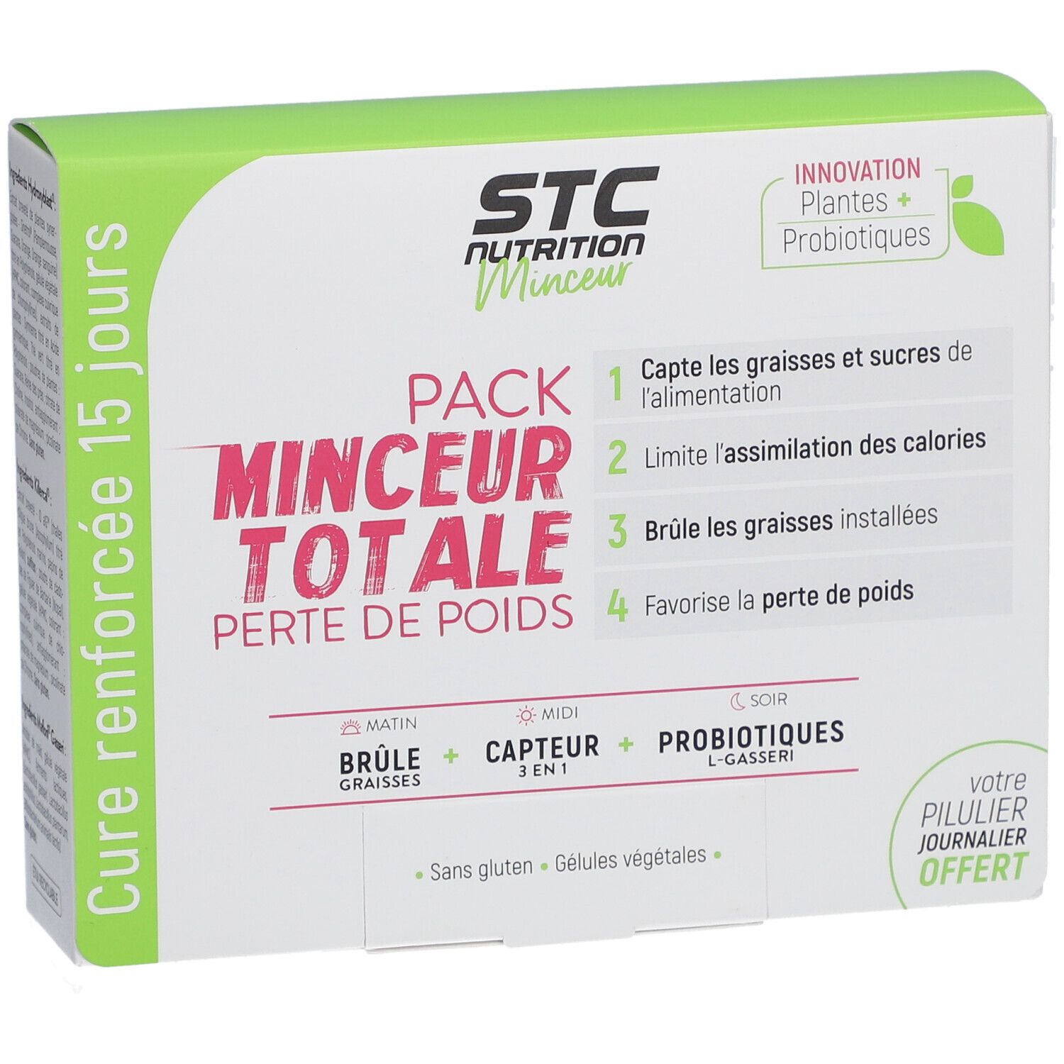 Boîte STC Nutrition Pack Minceur Totale. Nom du produit, fonctions et ingrédients. Cure 15 jours.
