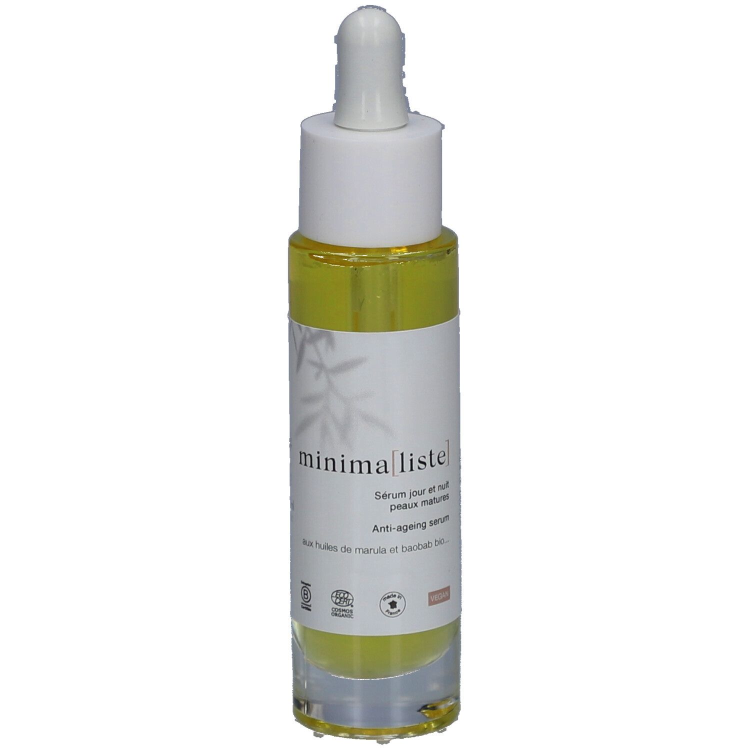 Flacon de sérum avec pipette. Inscription : minima[liste]. Sérum jour et nuit peaux matures. Anti-âge.
