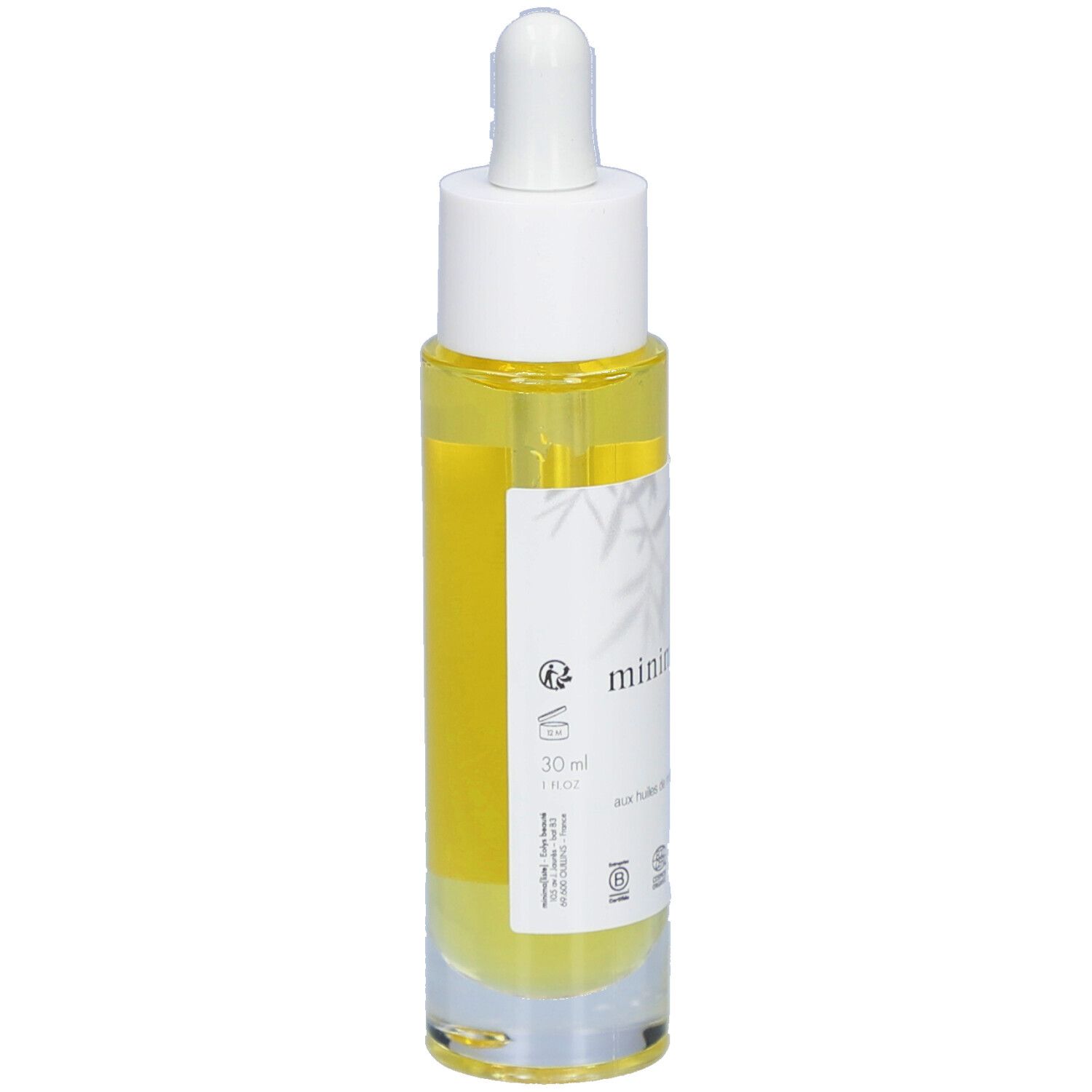 Flacon de sérum avec pipette. Inscription : minima[liste]. Sérum jour et nuit peaux matures. Anti-âge. 30 ml.
