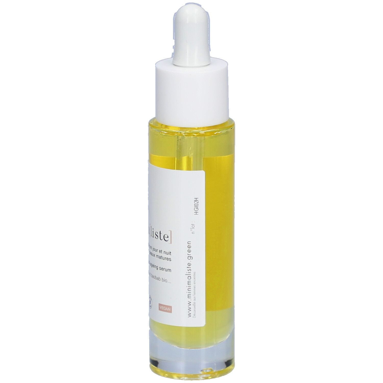 Flacon de sérum avec pipette. Inscription : minima[liste]. Sérum jour et nuit peaux matures. Anti-âge.