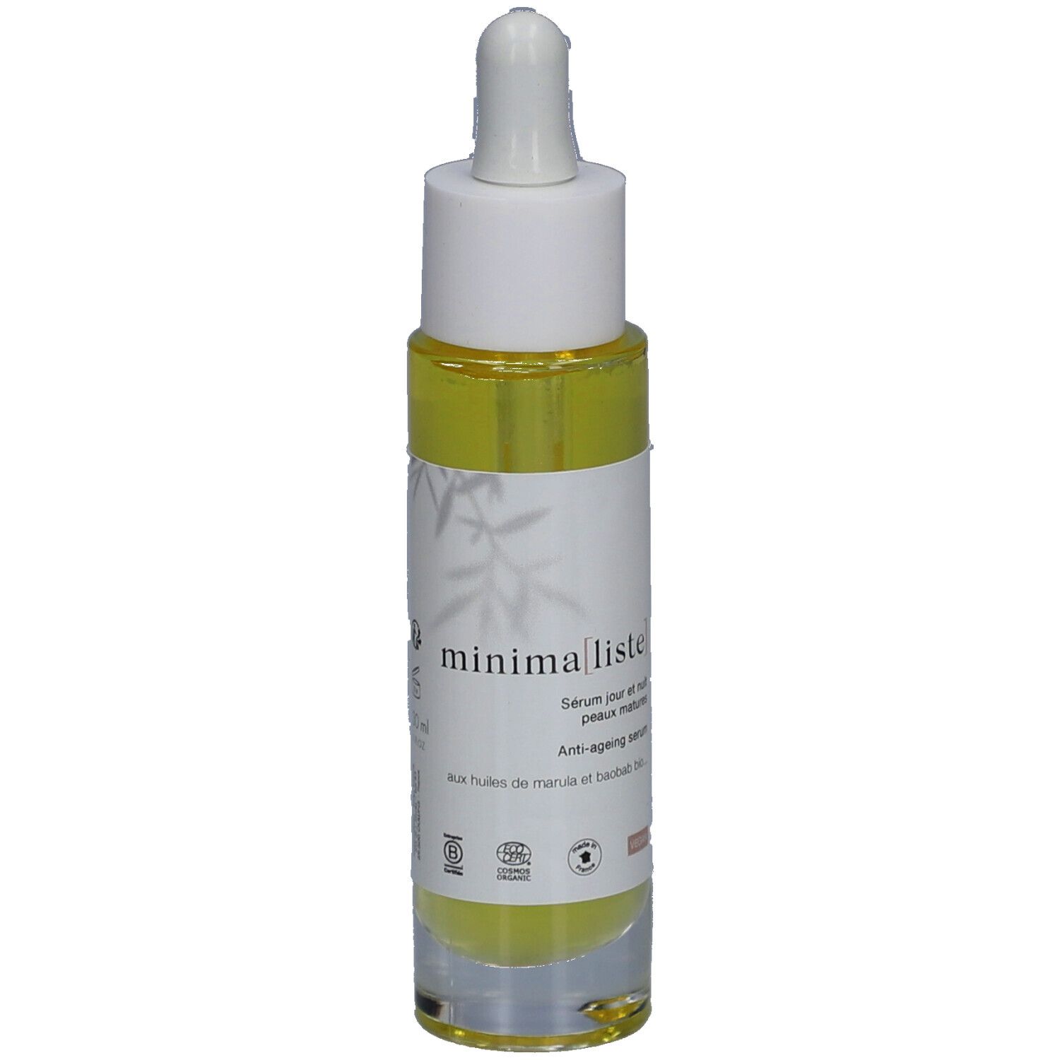 Flacon de sérum avec pipette. Inscription : minima[liste]. Sérum jour et nuit peaux matures. Anti-âge.
