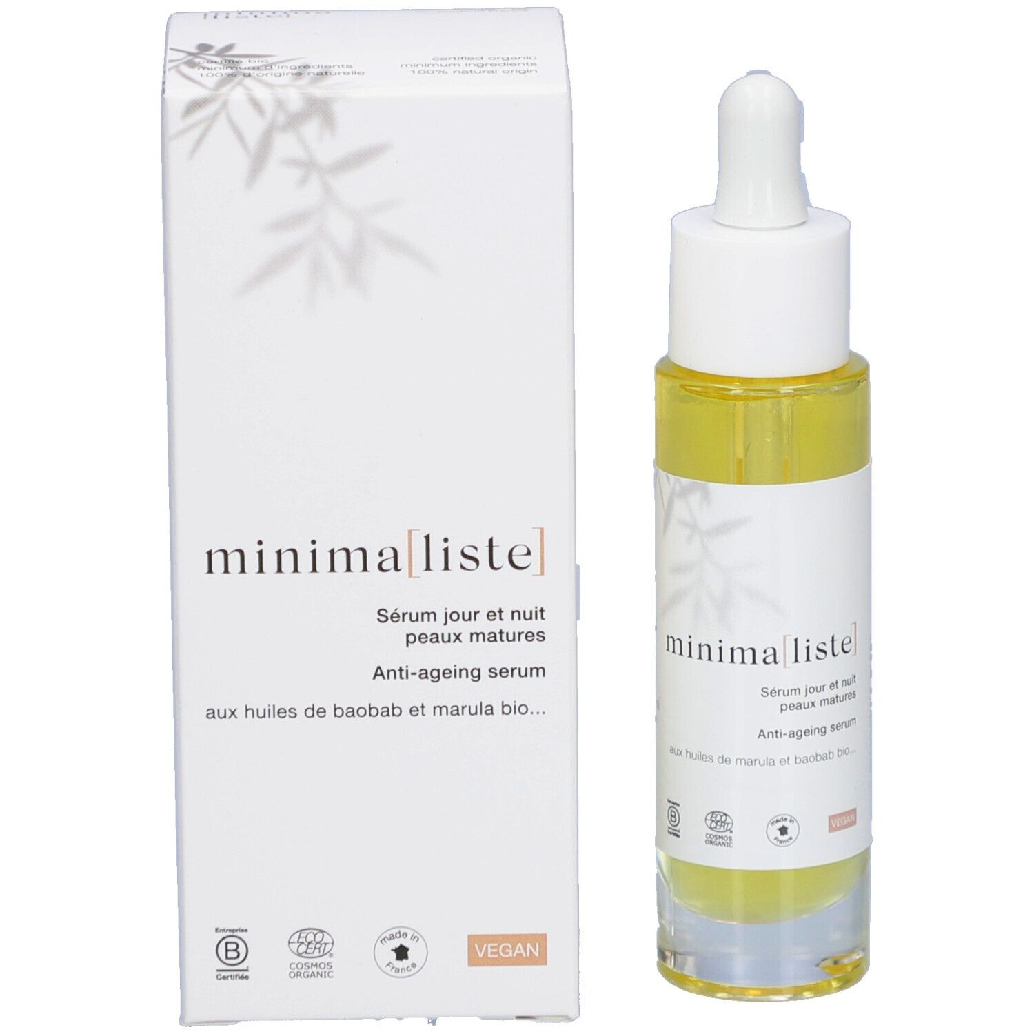 Flacon de sérum avec pipette. Inscription : minima[liste]. Sérum jour et nuit peaux matures. Anti-âge.