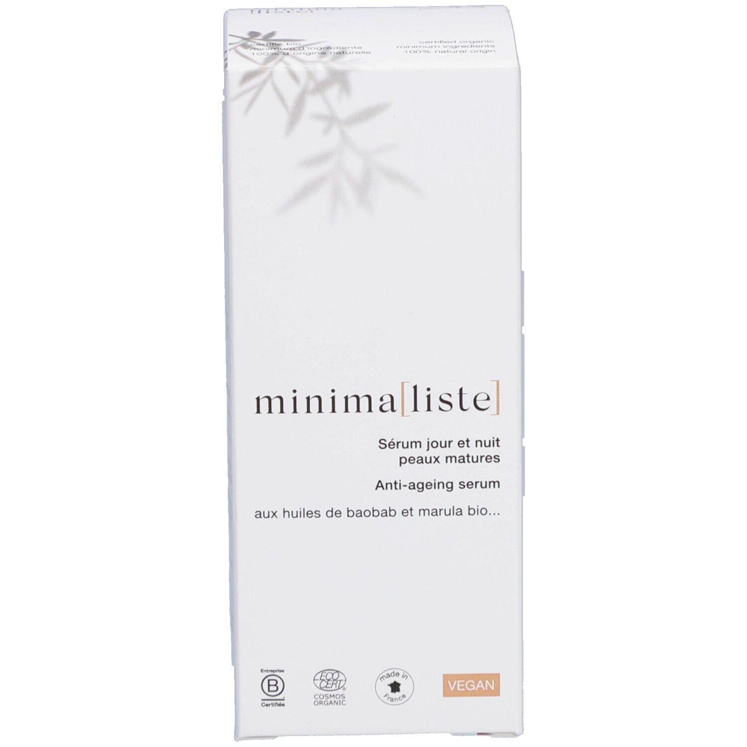 Emballage produit et flacon de sérum avec pipette. Inscription : minima[liste]. Sérum jour et nuit peaux matures.
