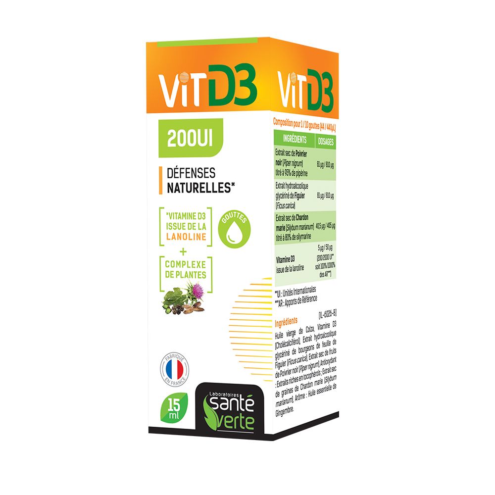 Boîte de gouttes Vitamine D3. Inscription: VitD3 200UI. Défenses Naturelles. Logo Santé Verte. 15 ml.