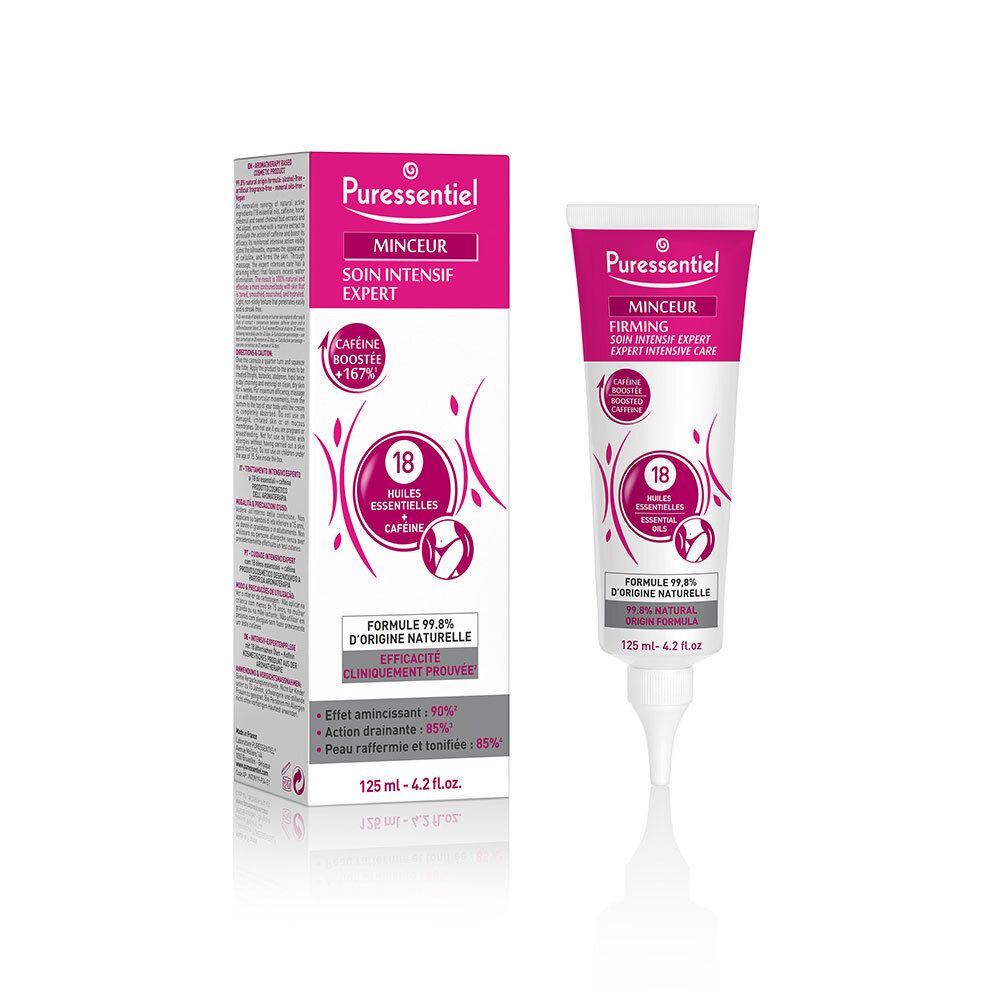 Tube et emballage de crème. Inscription : Puressentiel, Minceur, Soin Intensif Expert. Contient 18 huiles essentielles et caféine.