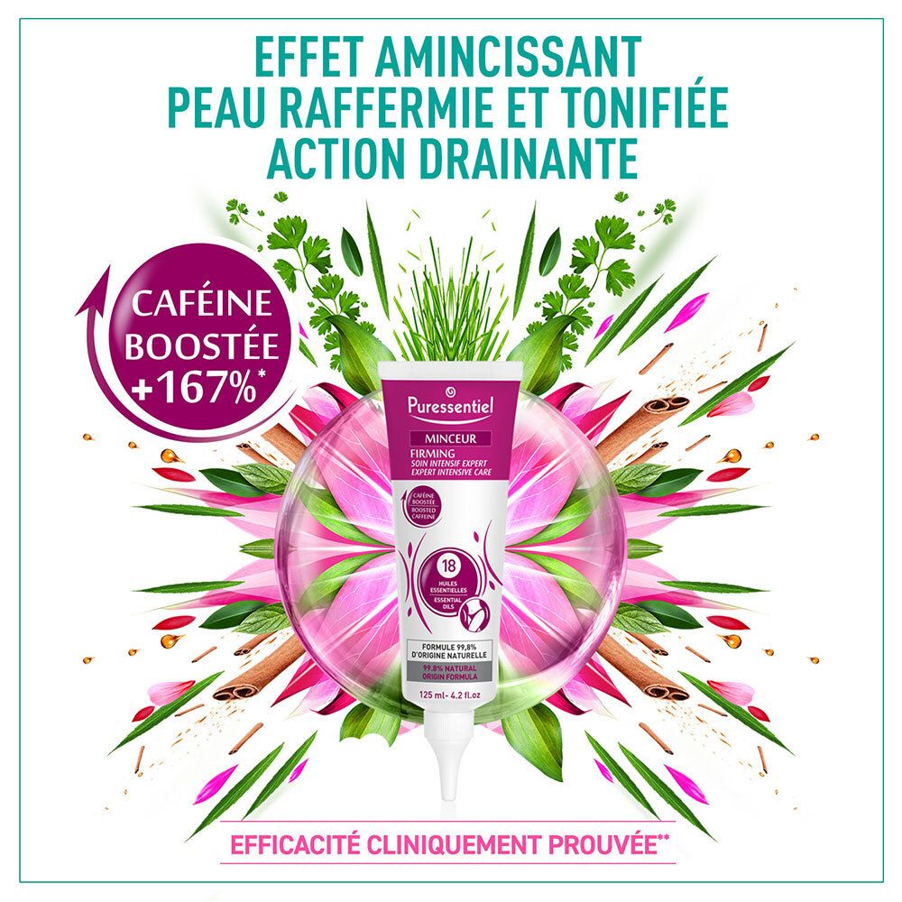 Tube de crème avec fond floral. Inscription : Puressentiel, Minceur, Soin Intensif Expert. Contient 18 huiles essentielles et caféine.