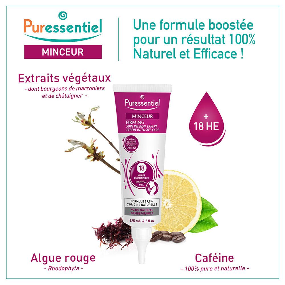 Tube de crème avec plantes et fruits. Inscription : Puressentiel, Minceur, Soin Intensif Expert. Contient 18 huiles essentielles et caféine.