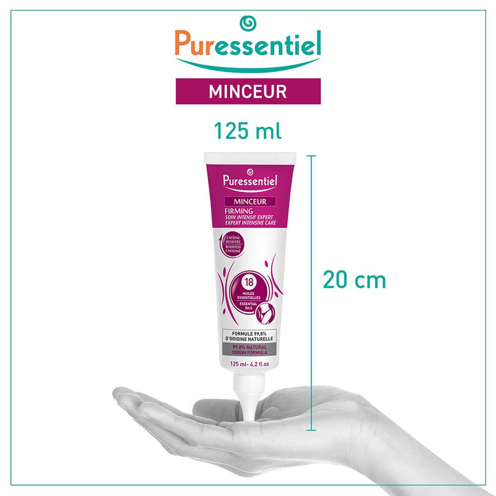 Tube de crème dans une main. Inscription : Puressentiel, Minceur, Soin Intensif Expert. Contient 18 huiles essentielles et caféine. 20 cm de haut.