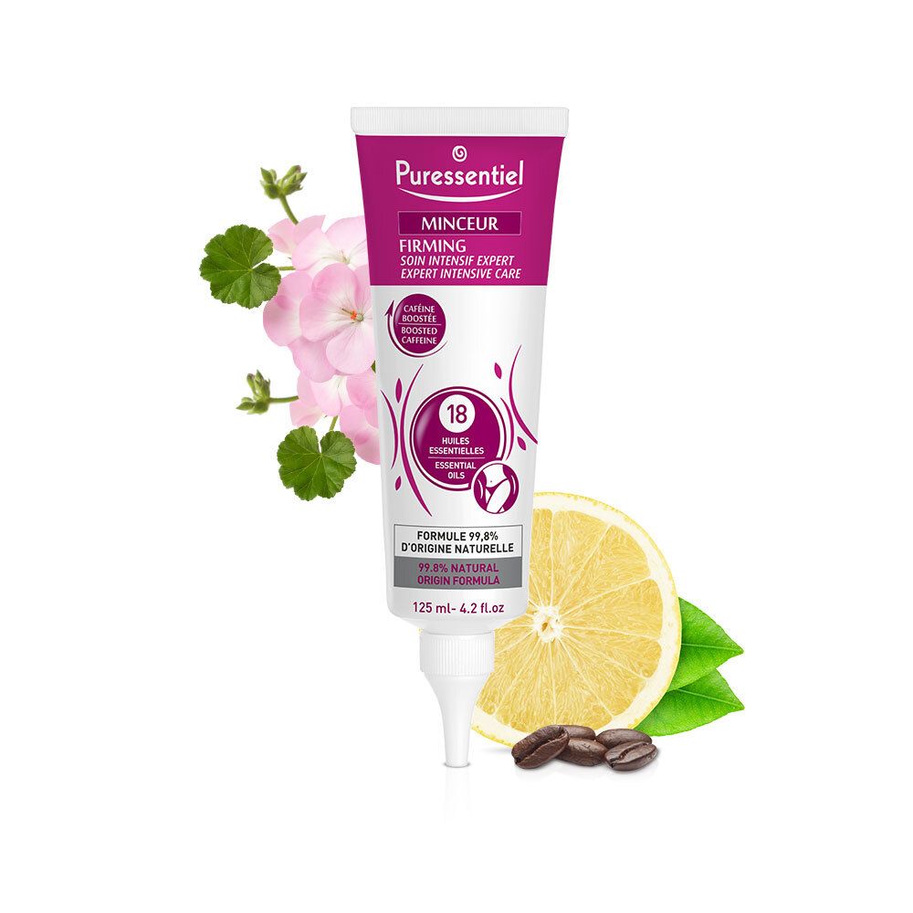 Tube de crème avec fond floral. Inscription : Puressentiel, Minceur, Soin Intensif Expert. Contient 18 huiles essentielles et caféine.