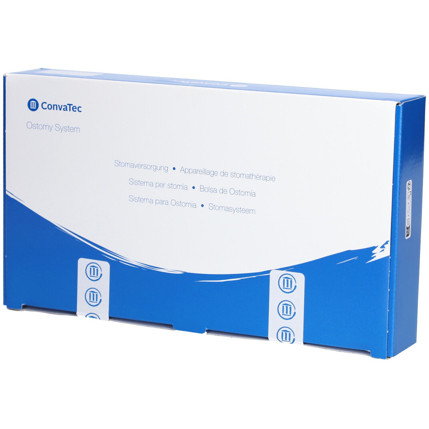 Boîte bleue et blanche. Texte : Convatec Ostomy System. Textes multilingues. Trois bandes adhésives.