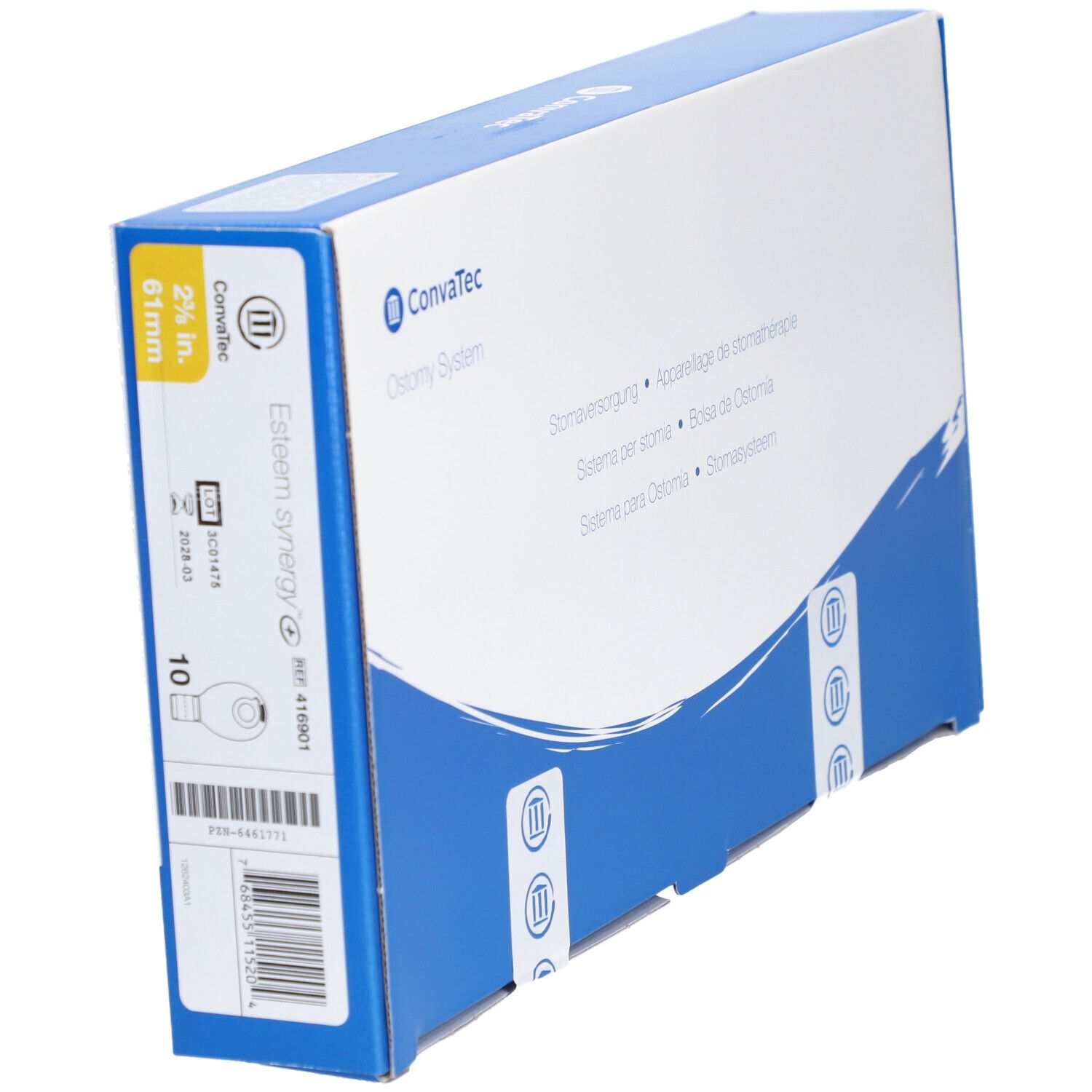 Boîte en biais. Texte : Convatec Ostomy System. Autocollant avec informations produit. 2 1/2 in. 61mm.