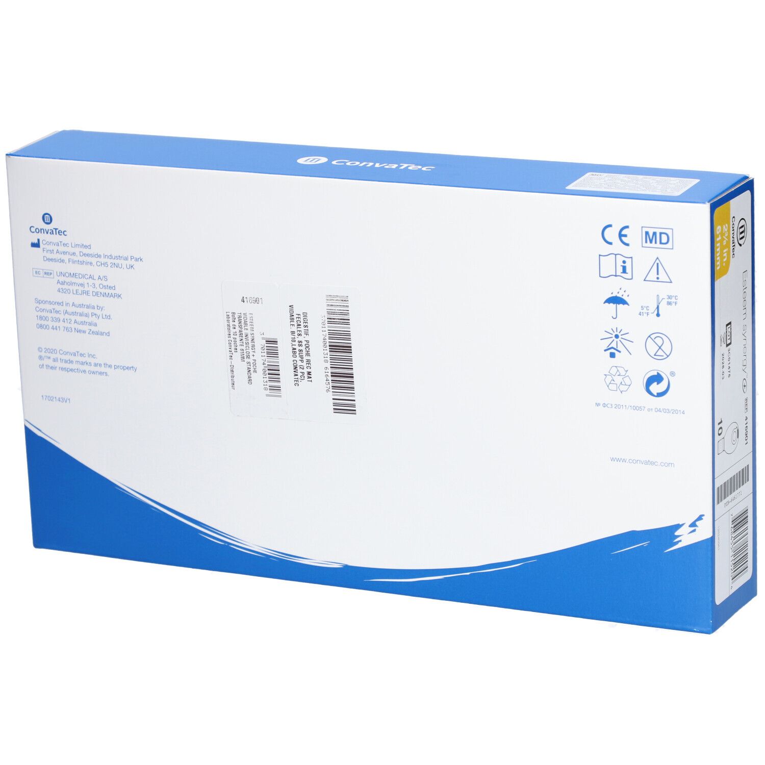 Dos de la boîte. Texte : Convatec. Marquage CE. Pictogrammes. Code-barres et informations produit.