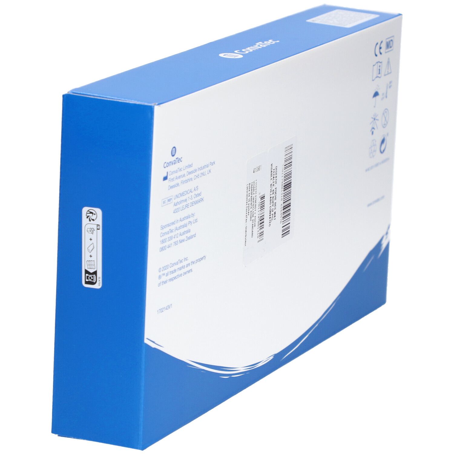 Boîte en biais. Texte : Convatec. Marquage CE. Code-barres et informations produit.