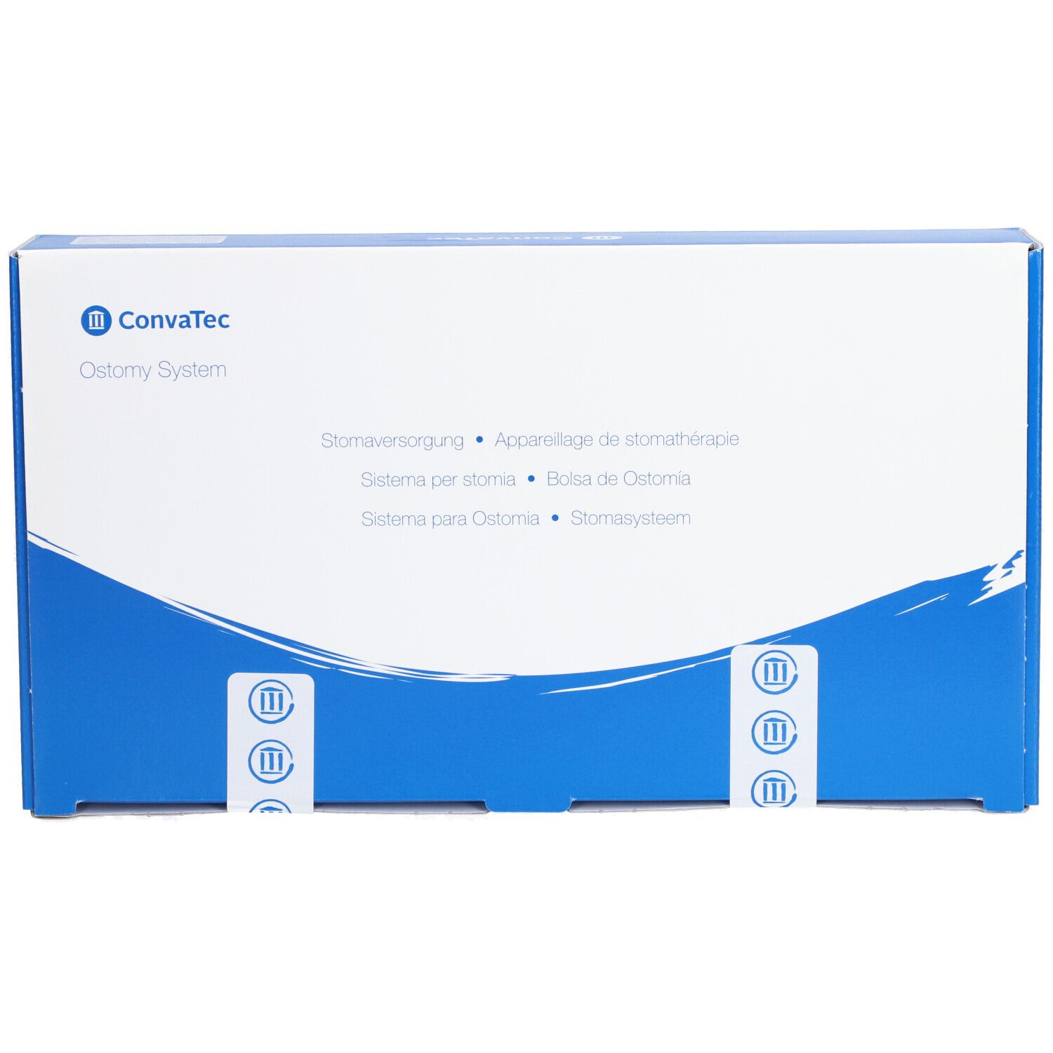 Boîte bleue et blanche. Texte : Convatec Ostomy System. Textes multilingues. Trois bandes adhésives.