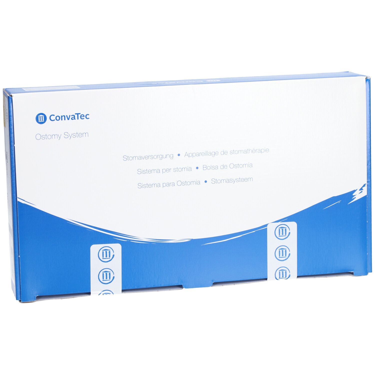 Boîte bleue et blanche. Texte : Convatec Ostomy System. Textes multilingues. Trois bandes adhésives.