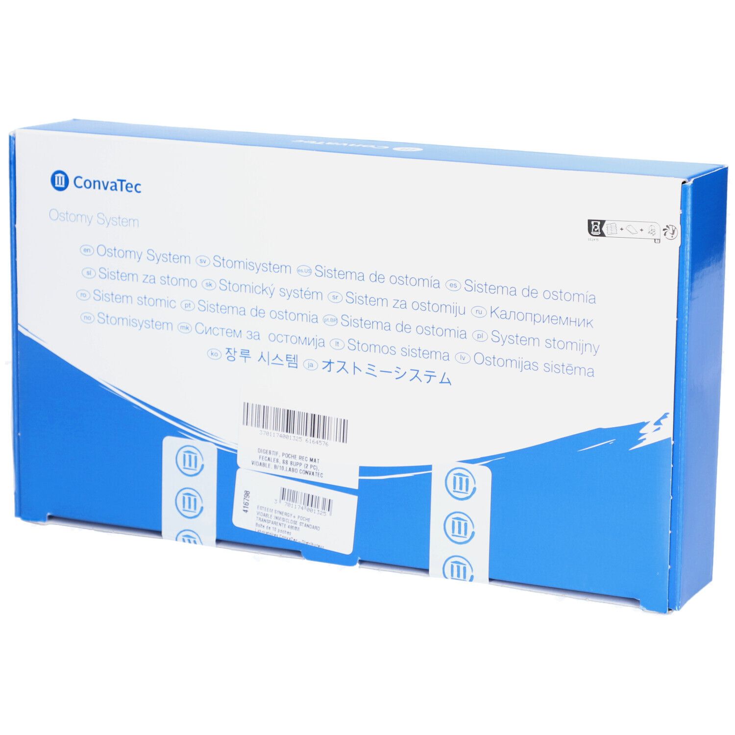 Boîte bleue et blanche avec le logo ConvaTec. Texte multilingue : Ostomy System. Autocollant avec code-barres et informations sur le produit.