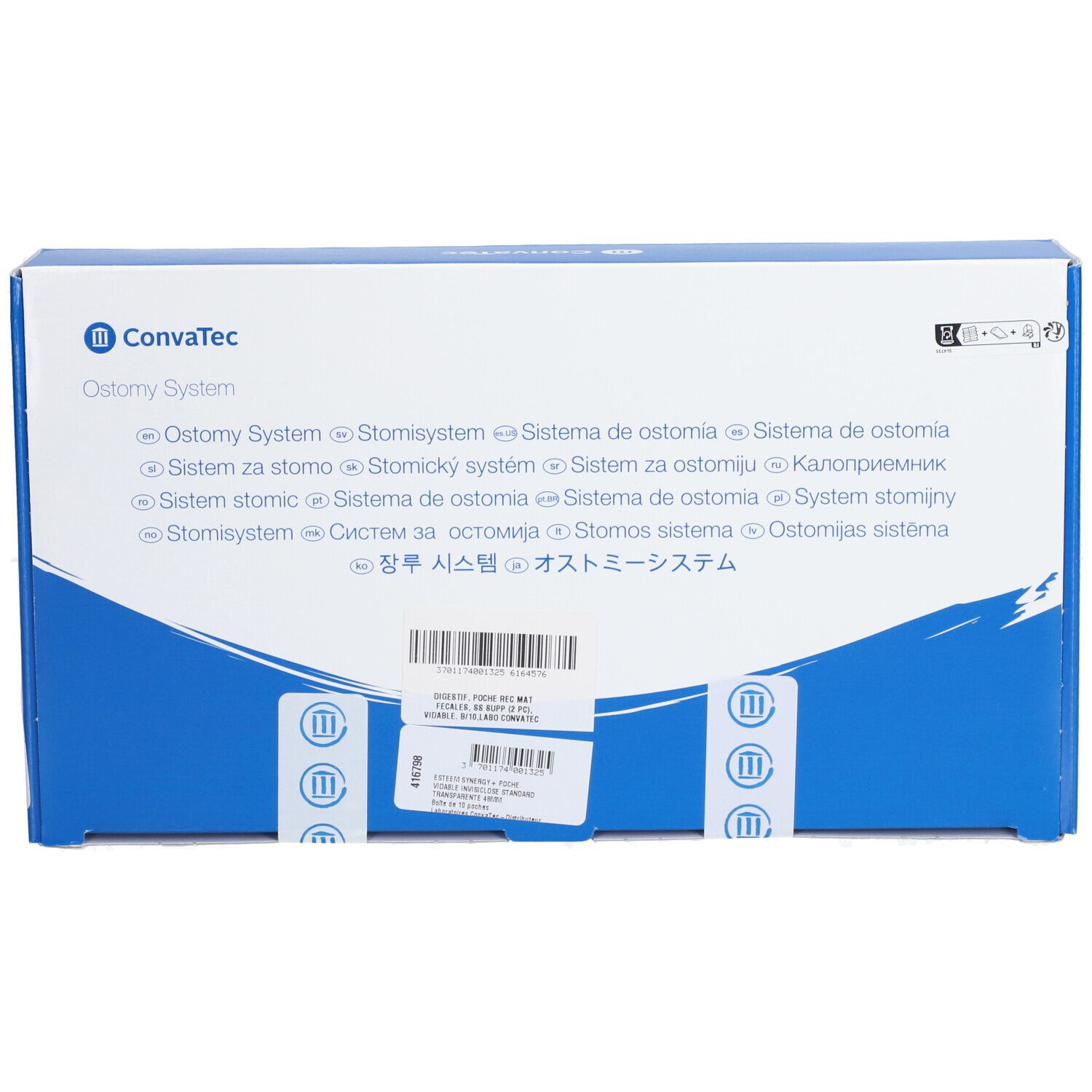 Boîte bleue et blanche avec logo ConvaTec. Texte multilingue : Ostomy System. Autocollant avec code-barres et informations sur le produit.