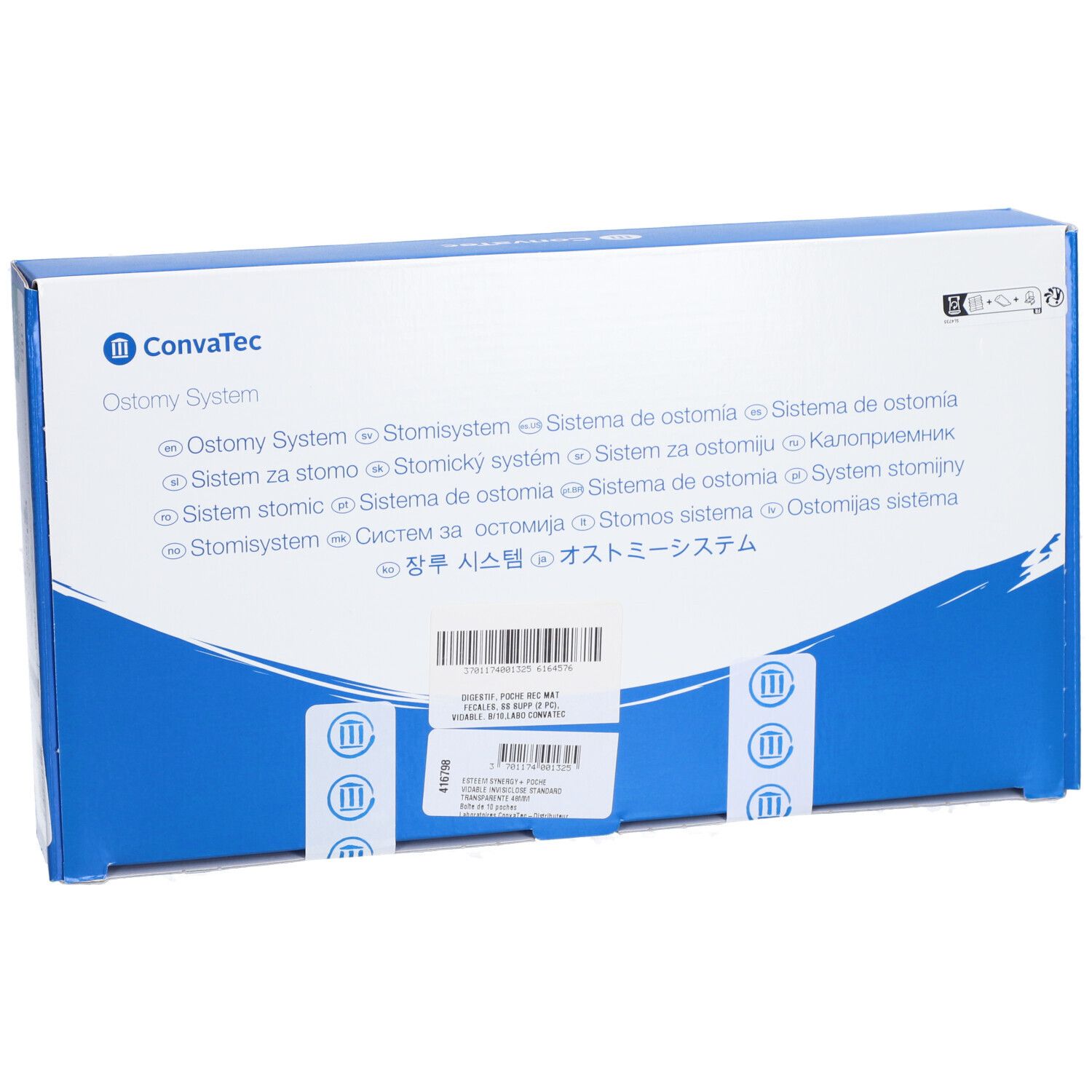 Boîte bleue et blanche avec logo ConvaTec. Texte multilingue : Ostomy System. Autocollant avec code-barres et informations sur le produit.