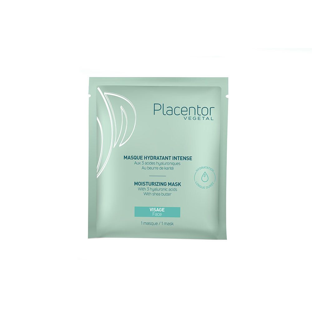 Sachet de masque facial. Marque Placentor Vegetal. Inscription: Masque Hydratant Intense. Masque hydratant. Visage.
