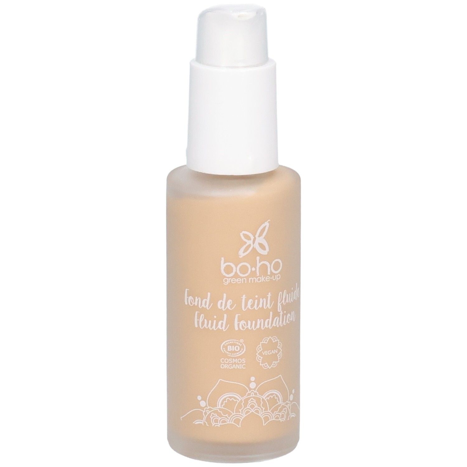 Fond de teint fluide beige dans flacon en verre avec pompe blanche. Inscription: bo-ho green make-up, fond de teint fluide.