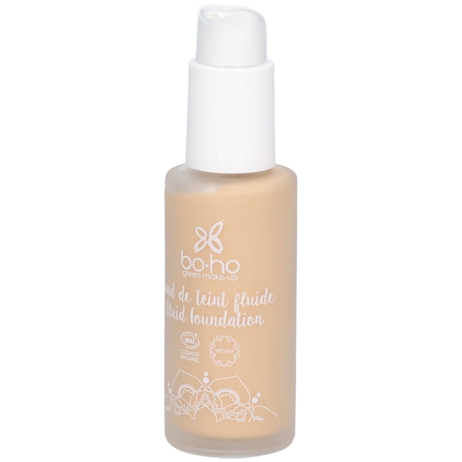 Fond de teint fluide beige dans flacon en verre avec pompe blanche. Inscription: bo-ho green make-up, fond de teint fluide.