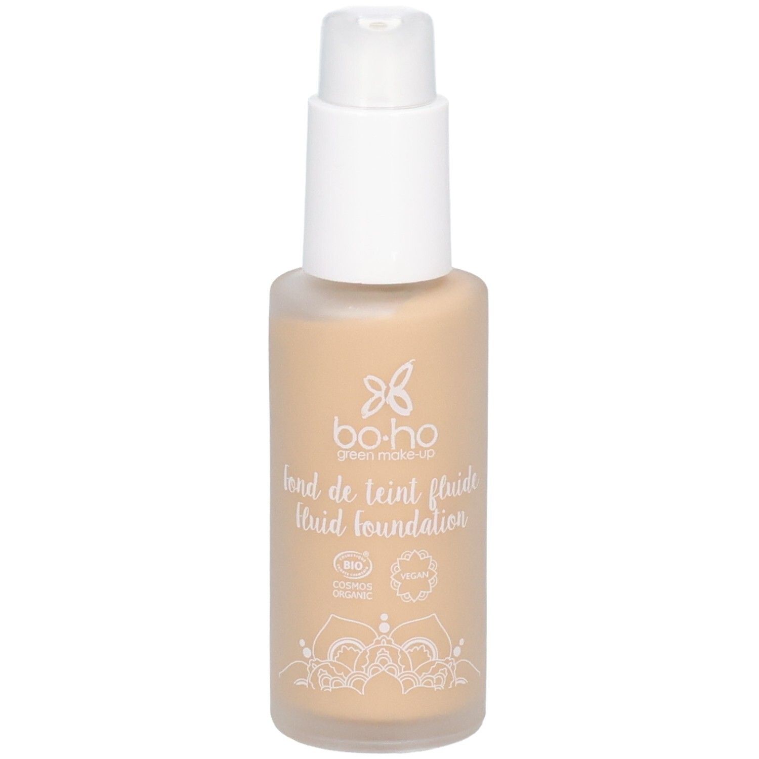 Fond de teint fluide beige dans flacon en verre avec pompe blanche. Inscription: bo-ho green make-up, fond de teint fluide.