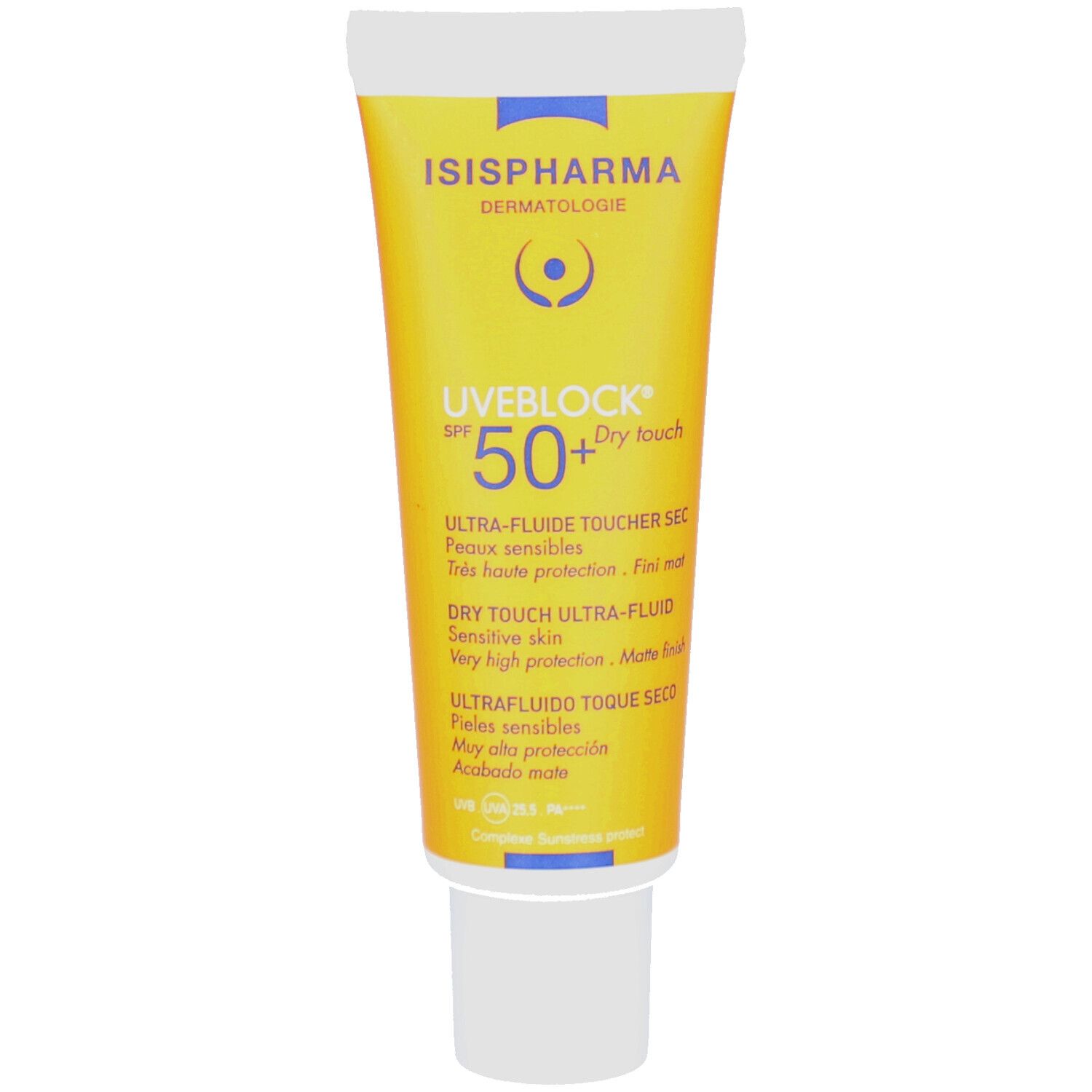 Tube jaune ISISPHARMA Uveblock SPF 50+ Dry Touch. Texte multilingue. Bouchon blanc.