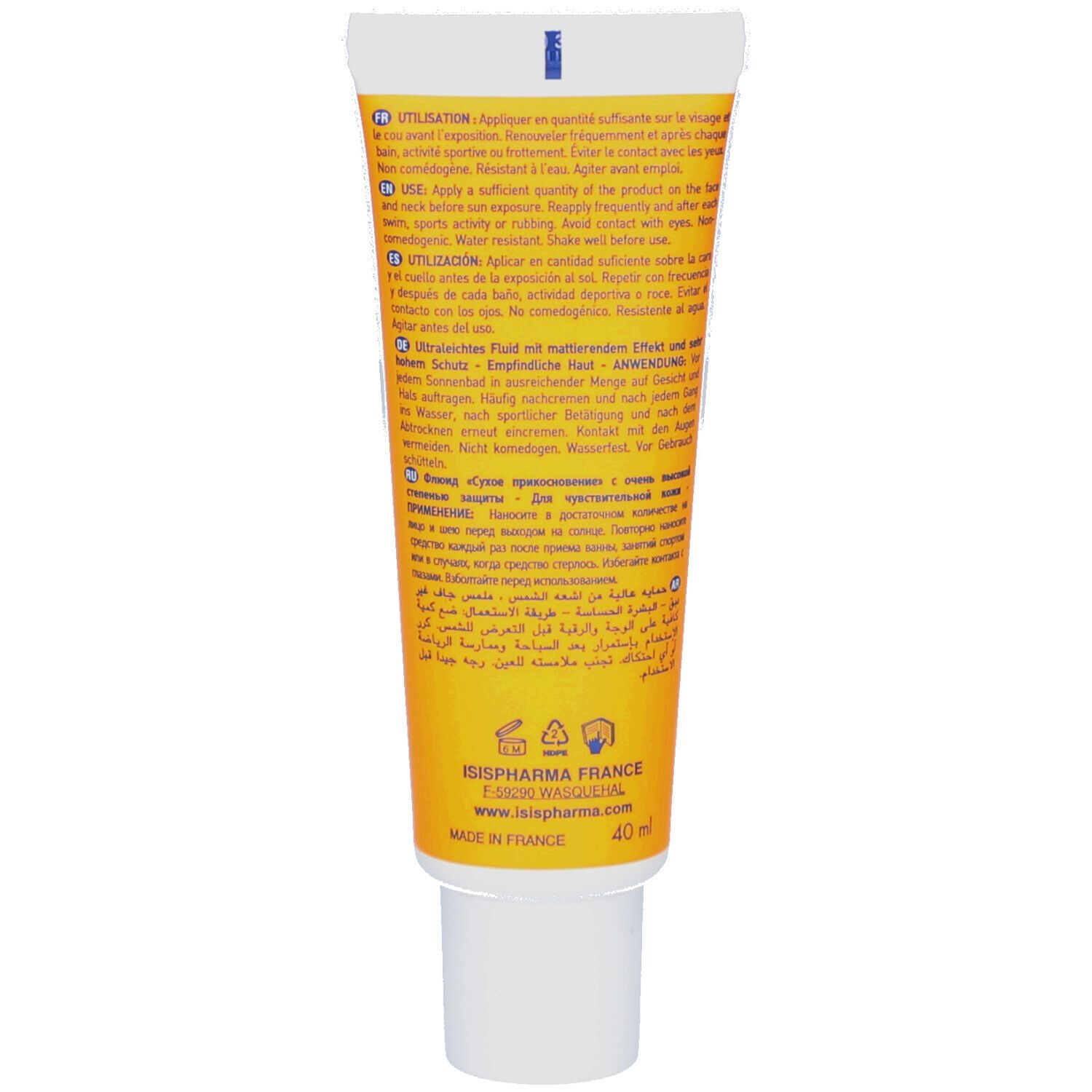 Dos du tube. Texte multilingue. Marque ISISPHARMA. 40 ml.