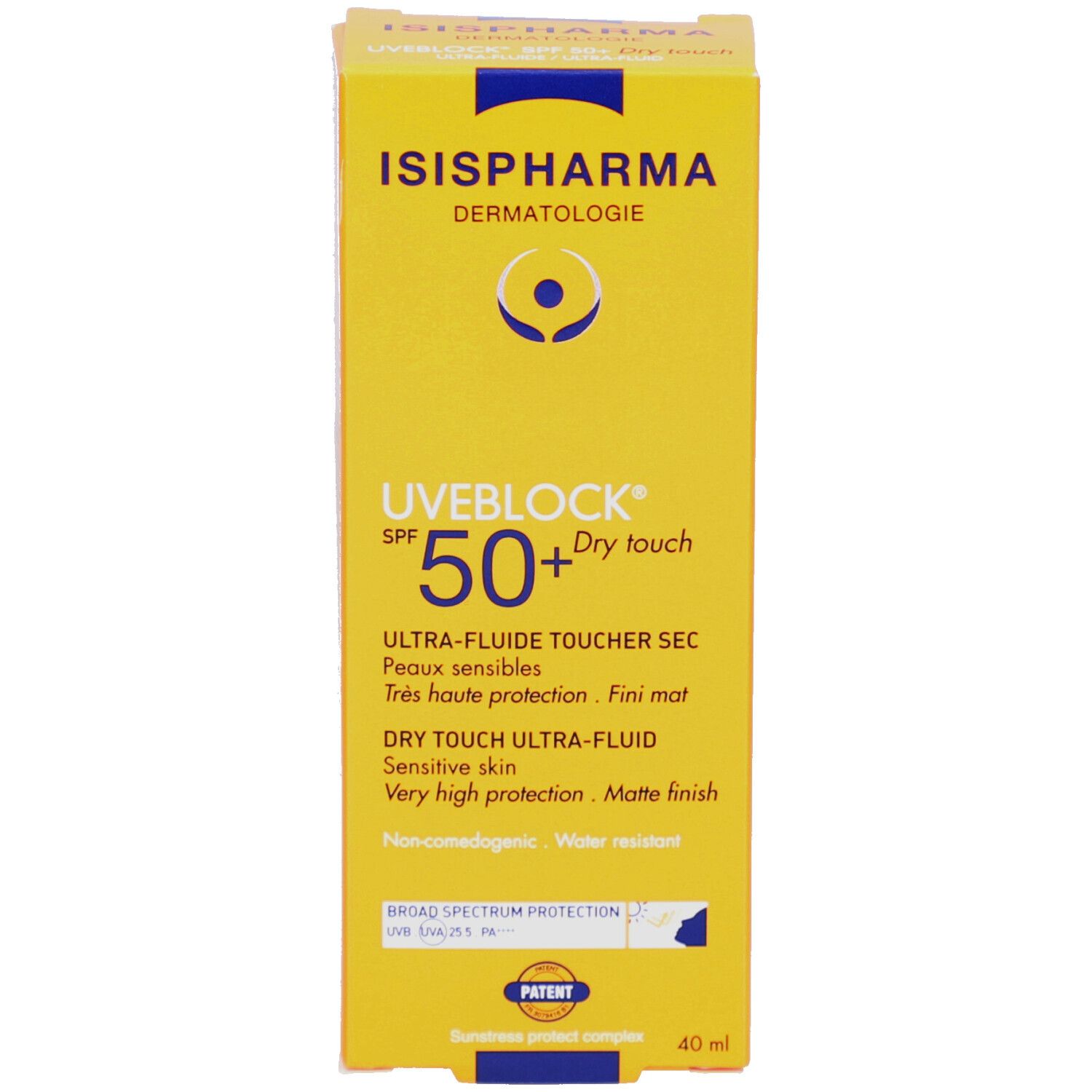 Boîte jaune ISISPHARMA Uveblock SPF 50+ Dry Touch. Texte multilingue. 40 ml.